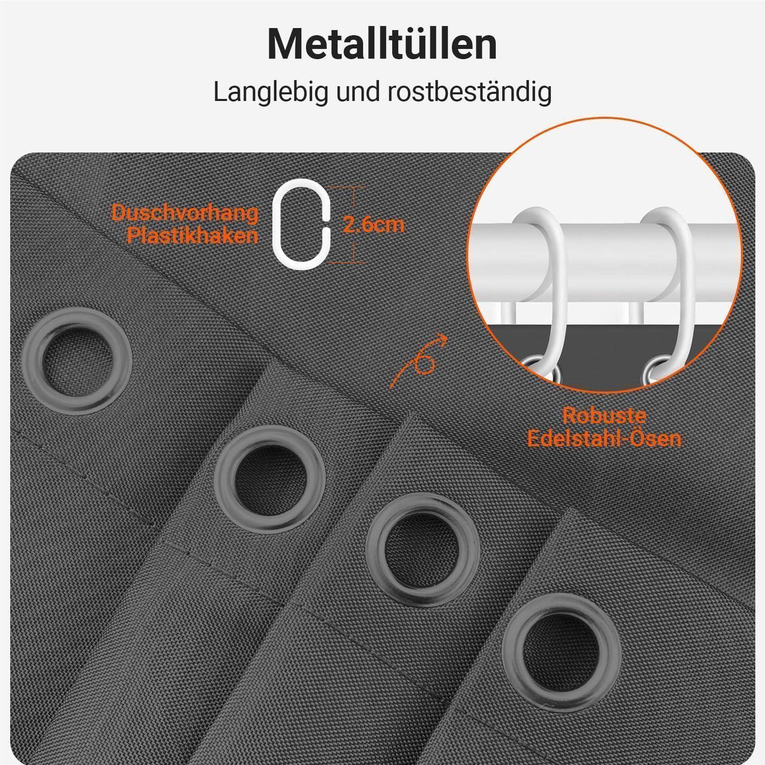 Metalltüllen, strapazierfähig und rostfrei.' Nahaufnahme eines Duschvorhangs mit Metallösen von 2,6 cm Innendurchmesser und Kunststoffhaken.