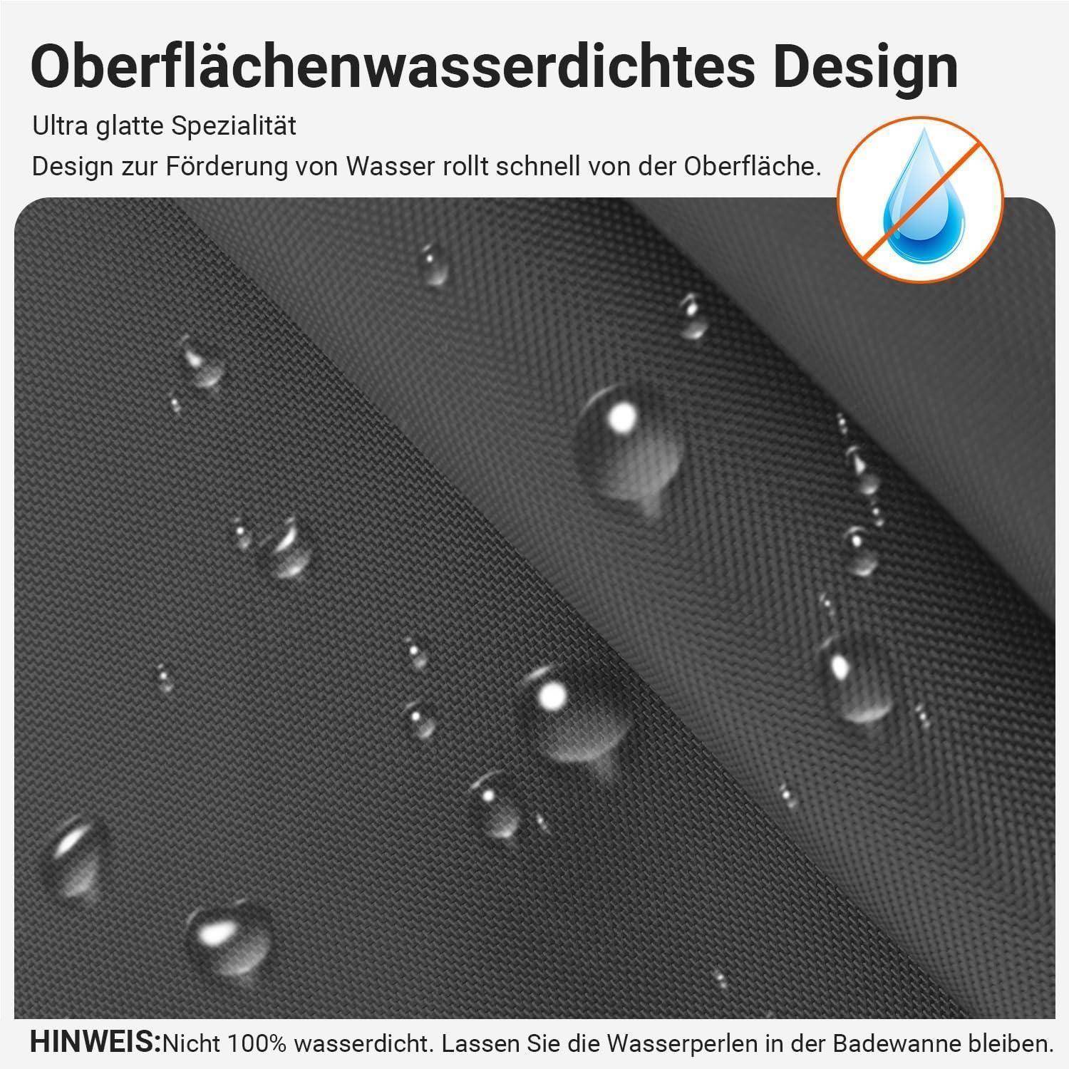Wasserdichtes Oberflächen-Design: Ultraglatte Oberfläche hilft dabei, Wasser schnell abperlen zu lassen. Hinweis: Nicht 100% wasserdicht.' Stoffoberfläche mit Wassertropfen.