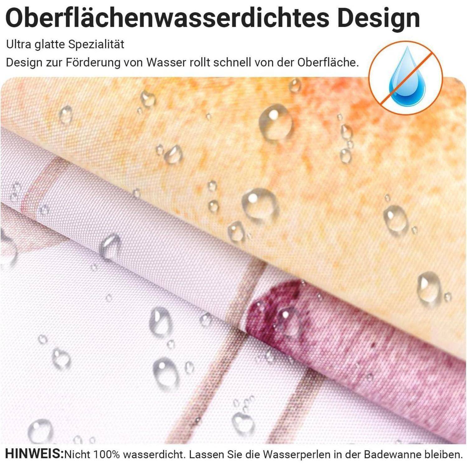 Das Bild zeigt einen Stoff, bei dem Wassertropfen abperlen und seine wasserabweisende Eigenschaften demonstrieren. Der Text weist darauf hin, dass er nicht zu 100% wasserdicht ist.