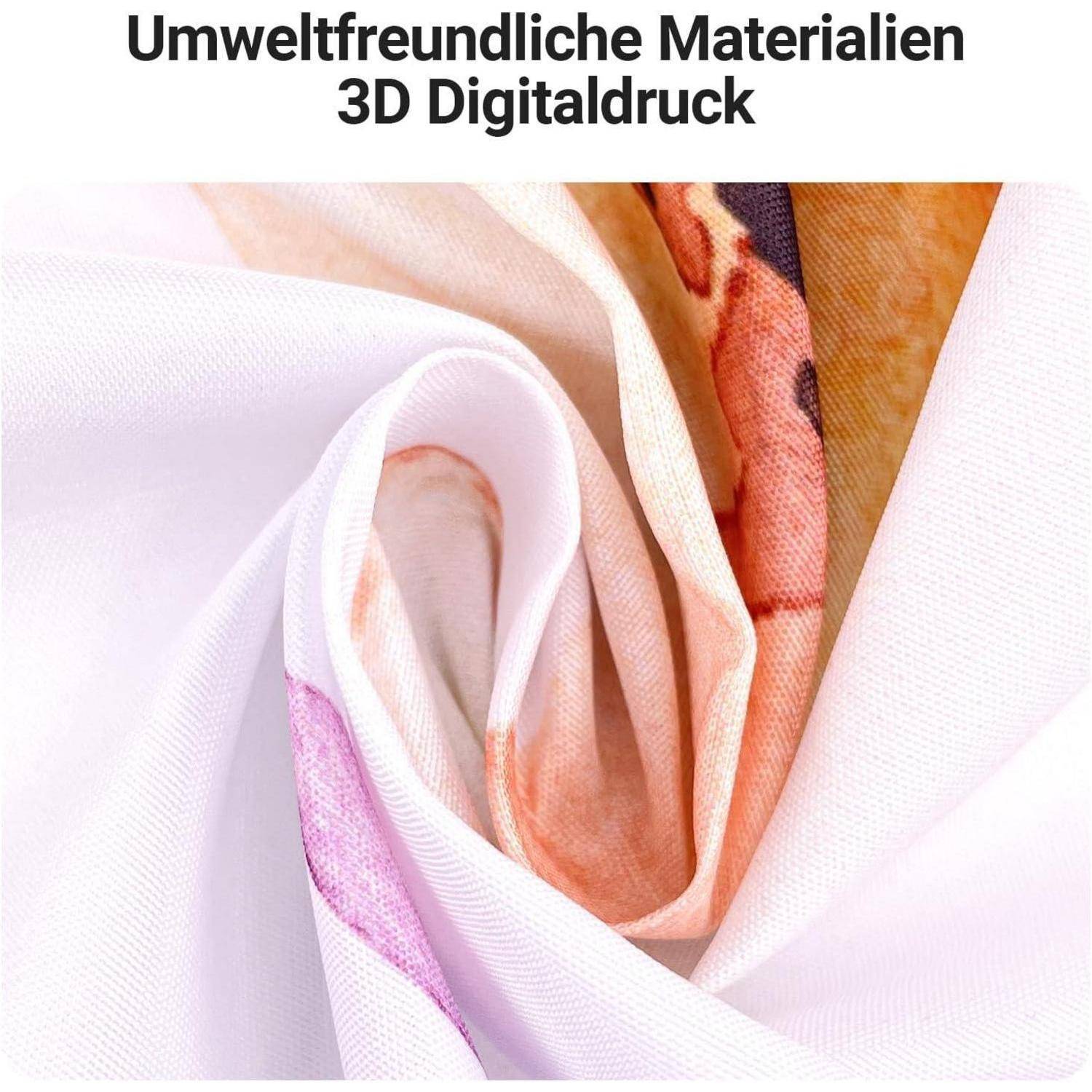 Das Bild zeigt eine Nahaufnahme eines Stoffes mit einem 3D-Digitaldruck und betont lebendige Farben und Falten. Der Text lautet „Umweltfreundliche Materialien 3D Digitaldruck