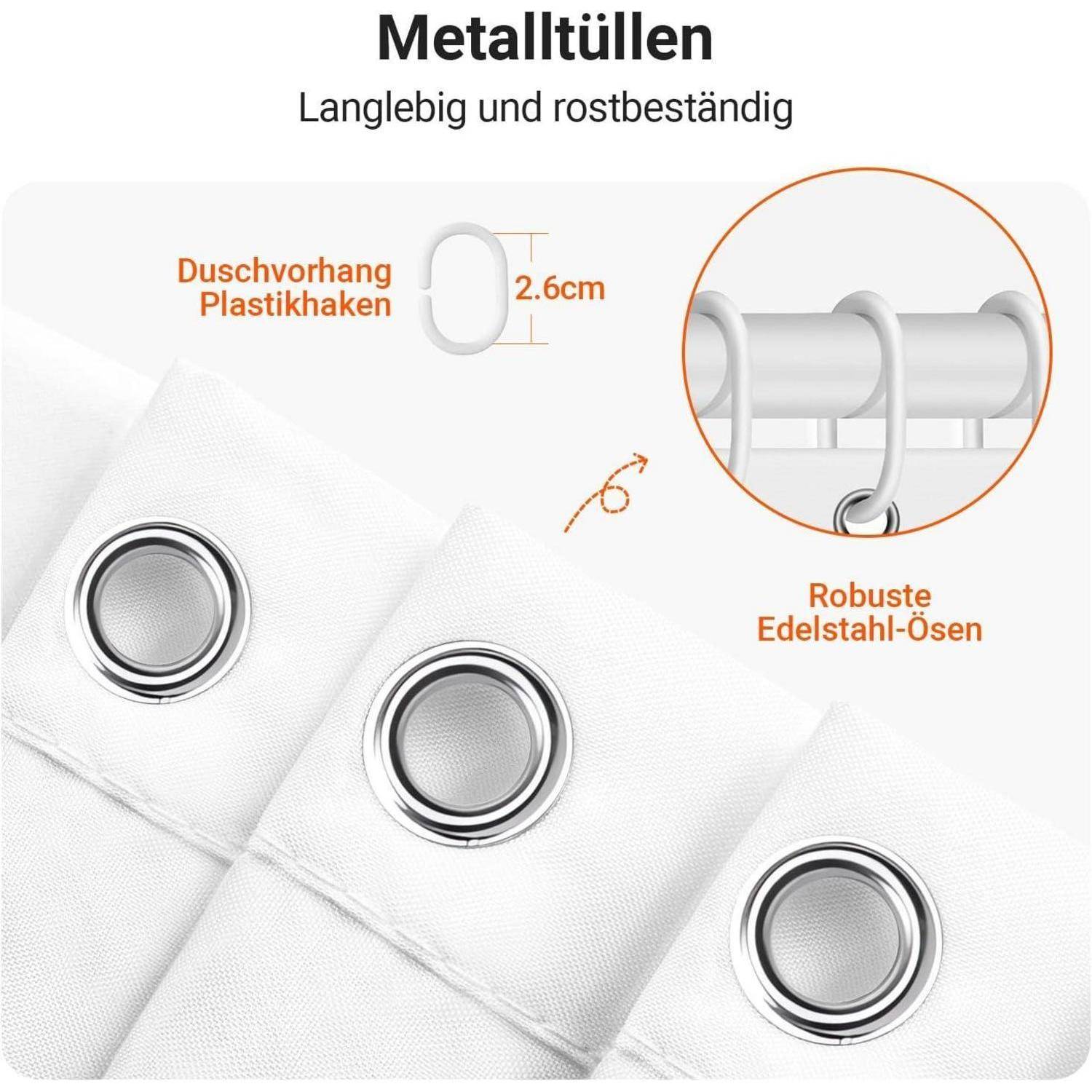 Der 'Metalltüllen' Duschvorhang verfügt über robuste, rostbeständige Metallösen und enthält Kunststoffhaken mit einer Länge von 2,6 cm zum Aufhängen.