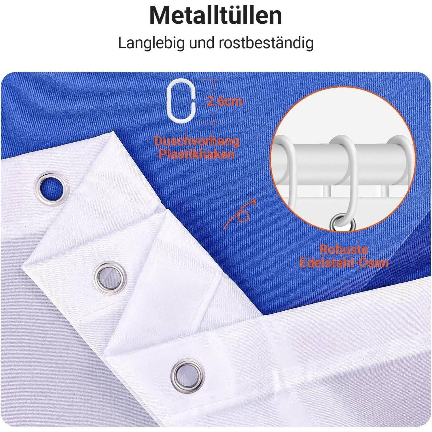 Weißer Duschvorhang mit Metallösen und Kunststoffhaken demonstriert 'Langlebig und rostbeständig'.