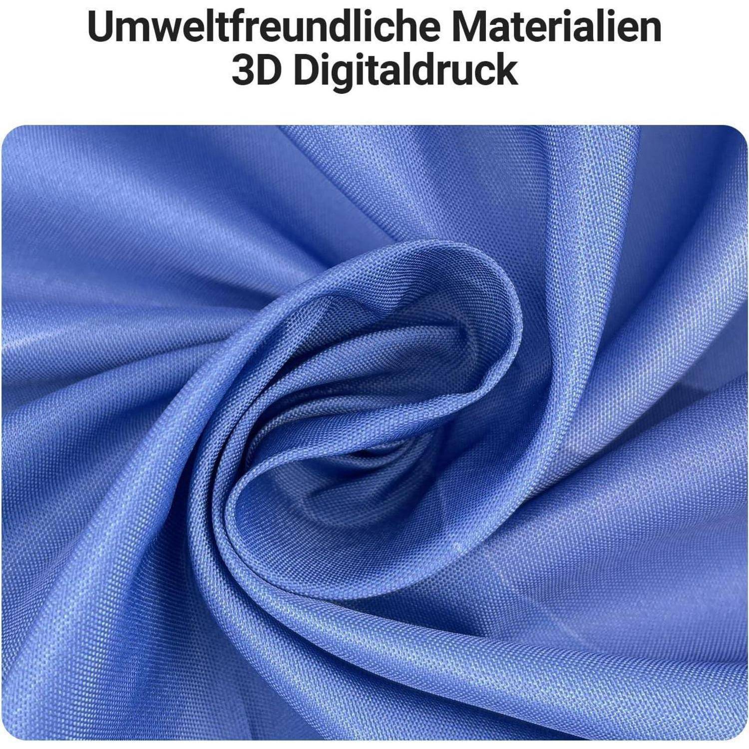 Das Bild zeigt eine Nahaufnahme von blauem Stoff mit weichen Falten. Der Text lautet 'Umweltfreundliche Materialien 3D Digitaldruck', was 'Eco-friendly materials 3D digital print' bedeutet.