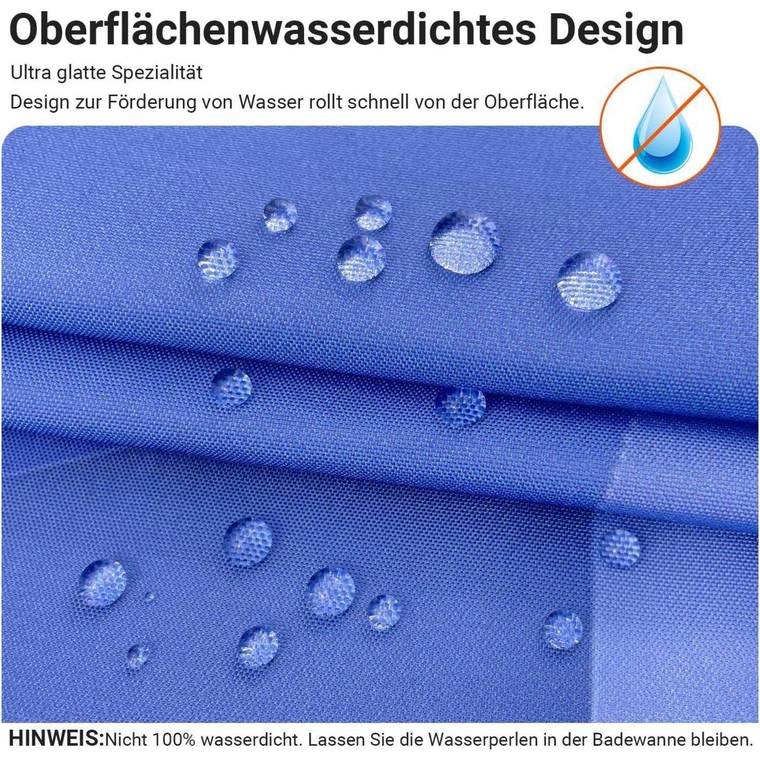 Wasserdichtes Stoffdesign mit Tropfen auf blauer Oberfläche; fördert schnelles Wasserablaufen. Hinweis rät vom Eintauchen in die Badewanne ab.