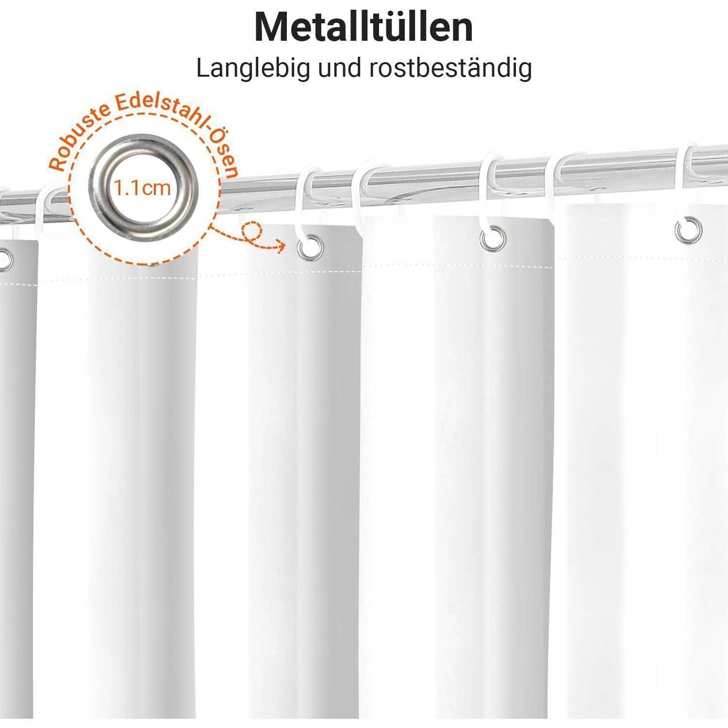 Metalltüllen Langlebig und rostbeständig.' Detailaufnahme einer Gardinenstange mit Metalltülle, beschriftet 'Robuste Edelstahllösen 1.1 cm.