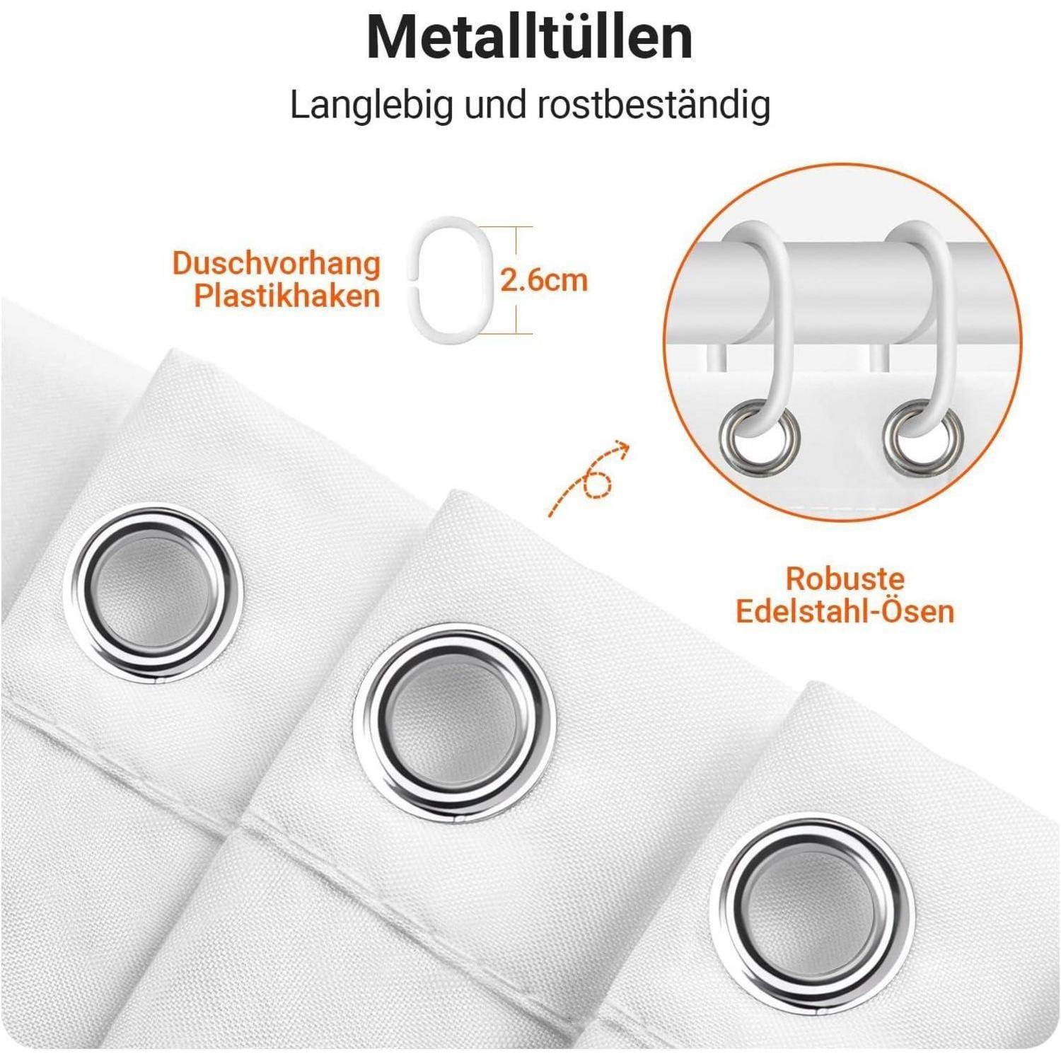 Metallösen', ‚Langlebig und rostfrei', zeigt Edelstahllösen an einem Vorhang mit einem 2,6 cm Kunststoffhaken.