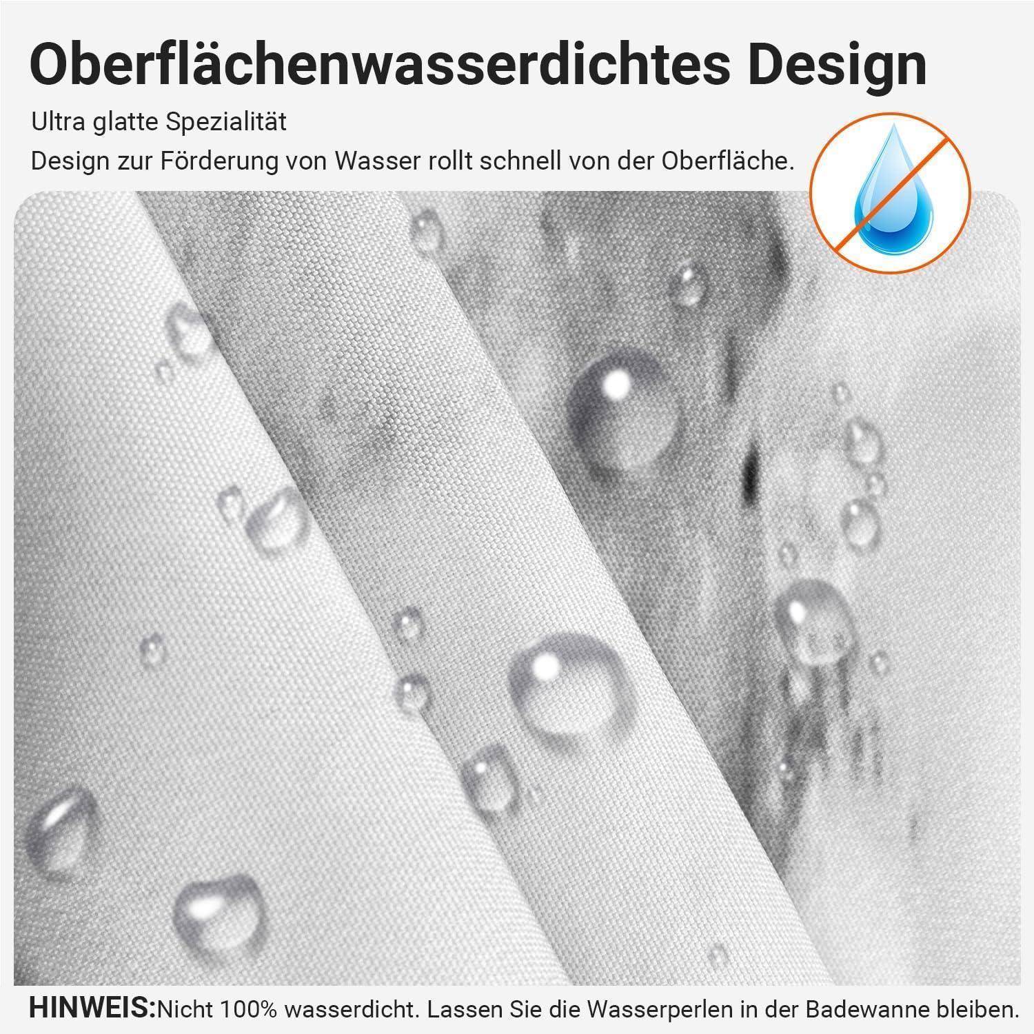 Das Bild zeigt Wassertropfen auf einer wasserabweisenden Stoffoberfläche mit einem Text auf Deutsch darüber, der das Design als wasserabweisend beschreibt.