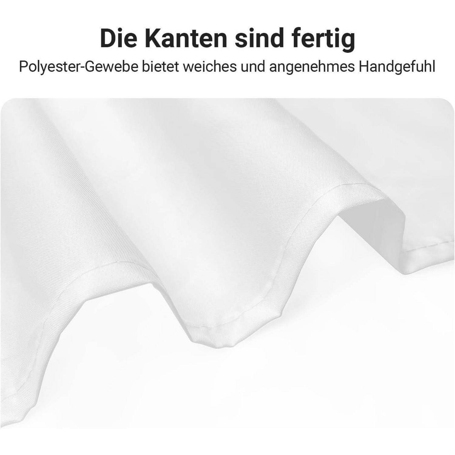 Weißer Polyesterstoff mit fertig umrandeten Kanten, der sich weich und angenehm anfühlt.
