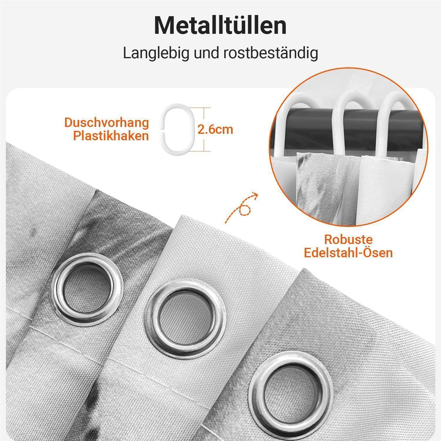 Duschvorhang mit Metalllochösen, Kunststoffhaken mit einem Durchmesser von 2,6 cm und rostbeständigen, langlebigen Eigenschaften.