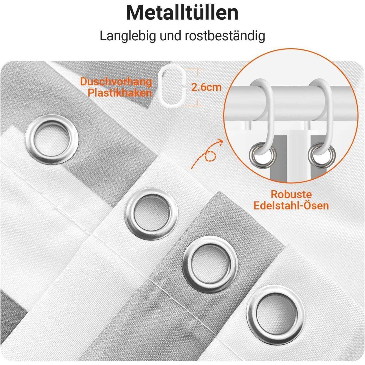 Metalltüllen' Duschvorhang mit robusten Metallösen und Kunststoffhaken; rostbeständige Edelstahlösen; Größe 2,6 cm.