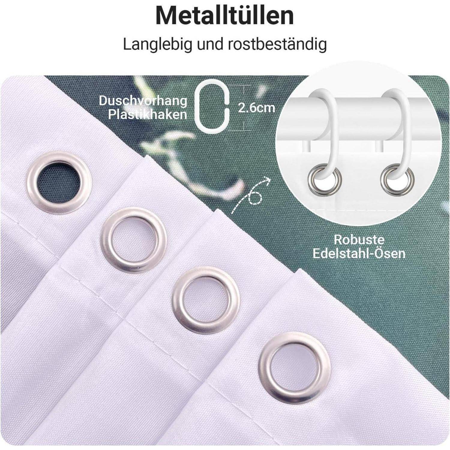 Das Bild zeigt einen Duschvorhang mit robusten Edelstahl-Ösen, die als ‚langlebig und rostbeständig' beschrieben werden und Kunststoffhaken aufweisen.