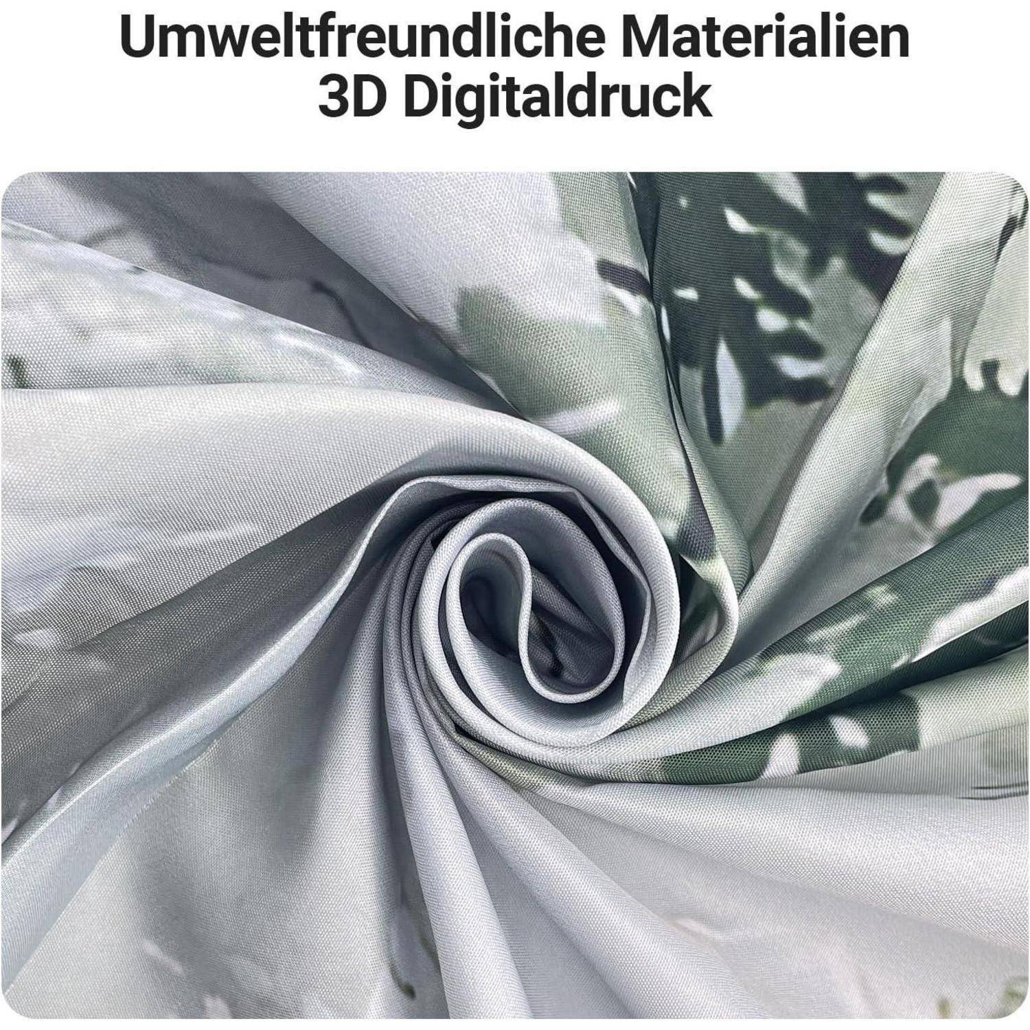 Eine Nahaufnahme von eng gefaltetem Stoff mit einem naturinspirierten Muster, das grüne und weiße Motive zeigt. Der Text lautet 'Umweltfreundliche Materialien 3D Digitaldruck'.