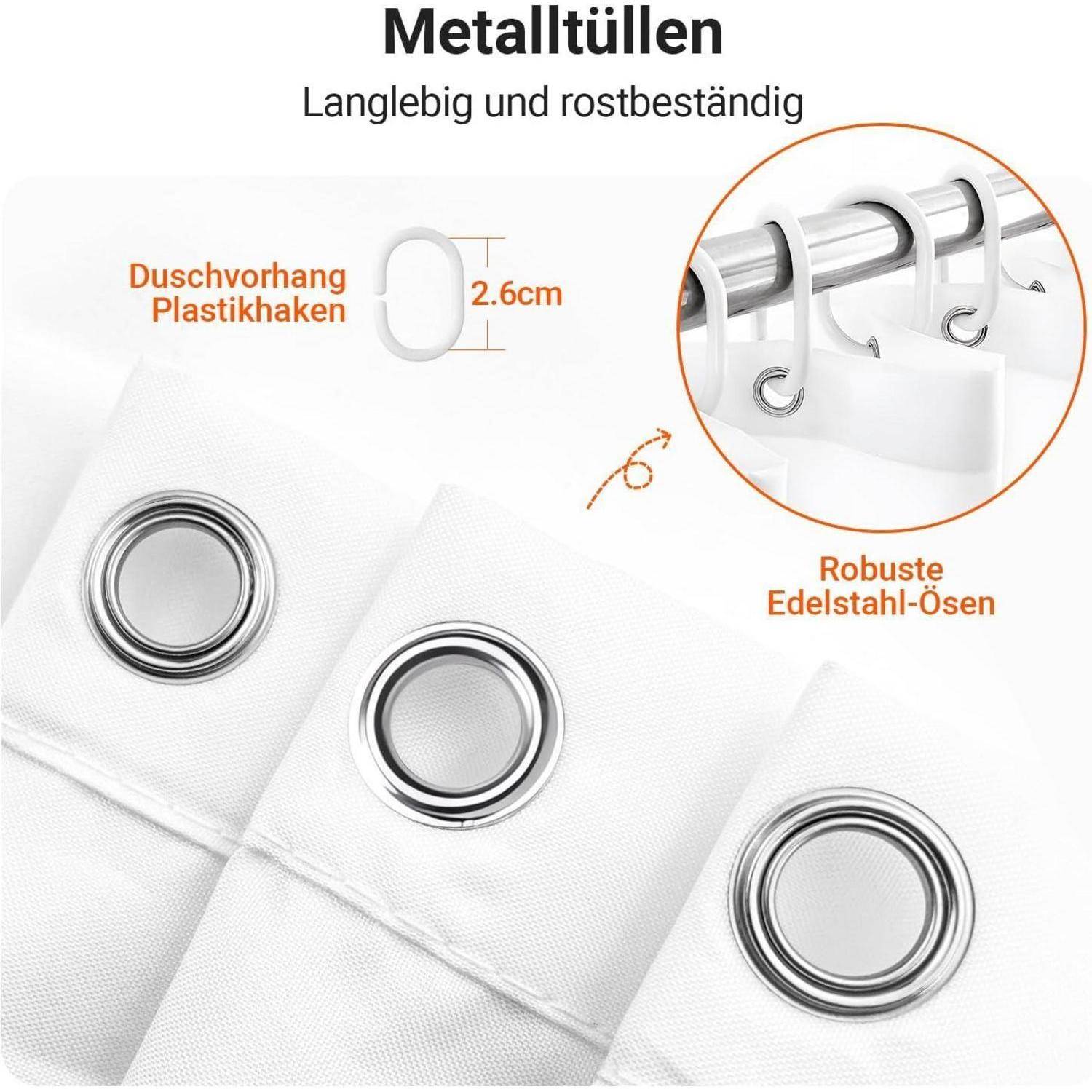 Duschvorhang mit Edelstahlösen und Kunststoffhaken, beschriftet mit '2,6 cm'. Text lautet 'Metallösen', 'Langlebig und rostbeständig'.