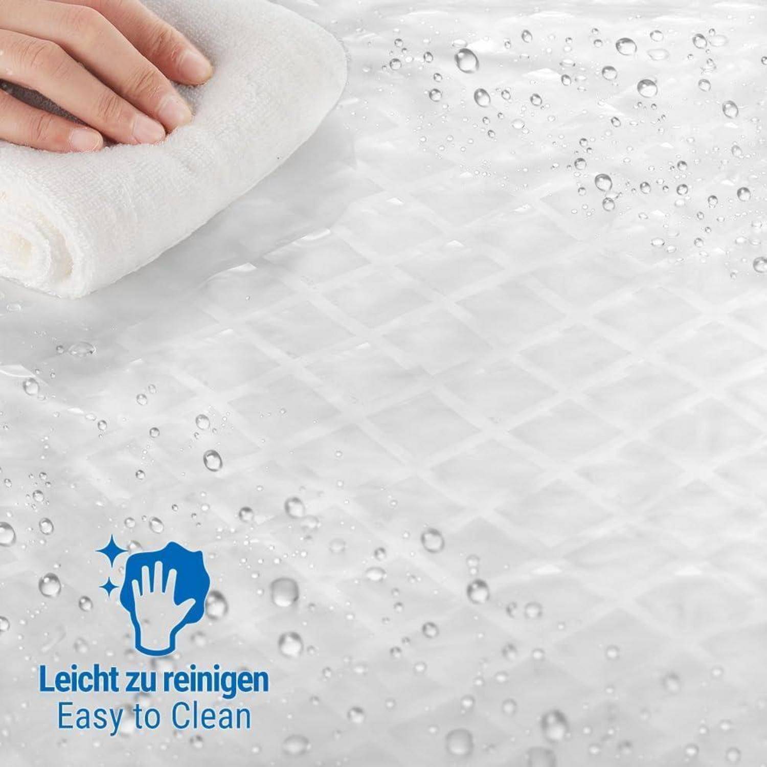 Eine Person wischt eine wasserdichte und leicht zu reinigende Oberfläche mit einem Tuch ab. Text lautet: Leicht zu reinigen, Easy to Clean.