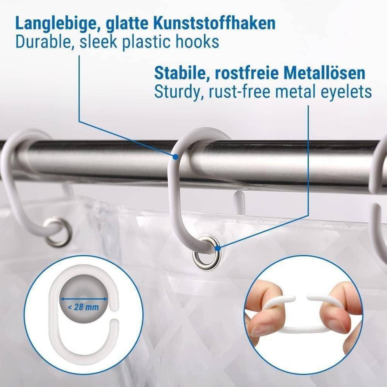 Dauerhafte, elegante Kunststoffhaken befestigen sich an einer Stange mit robusten, rostfreien Metallösen. Die Haken haben einen Durchmesser von '< 28 mm'.