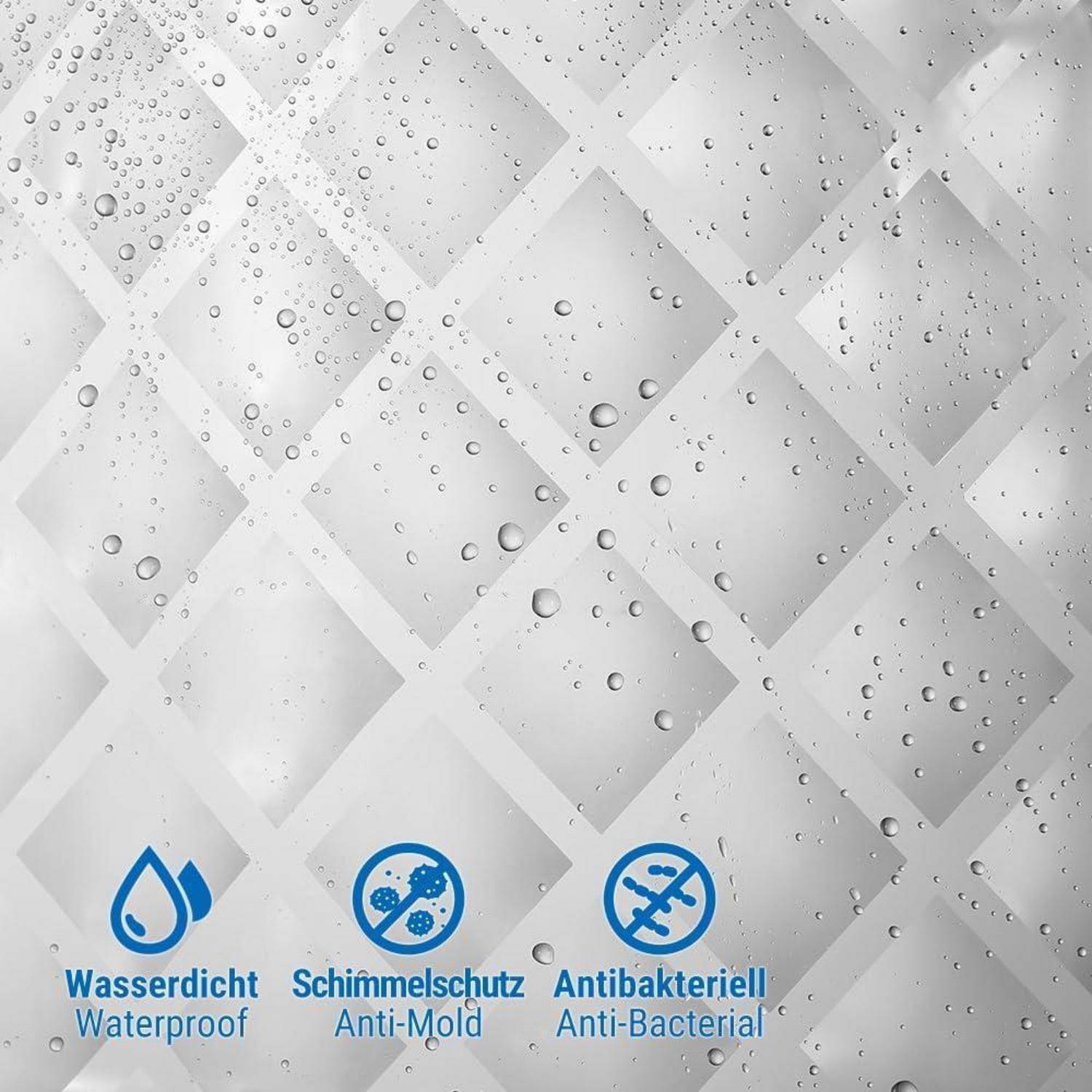 Duschvorhang mit Wassertropfen, mit Symbolen für ‚Wasserdicht', ‚Schimmelbeständig' und ‚Antibakteriell' in deutscher und englischer Sprache.