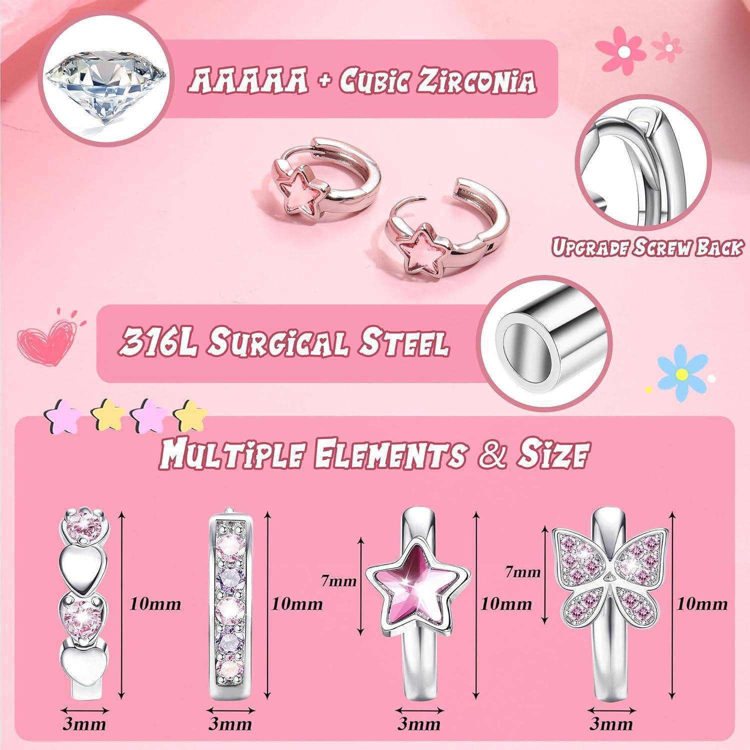 4 Paar Kleine Silber Creolen Ohrringe Set für Mädchen Zirkonia Herz