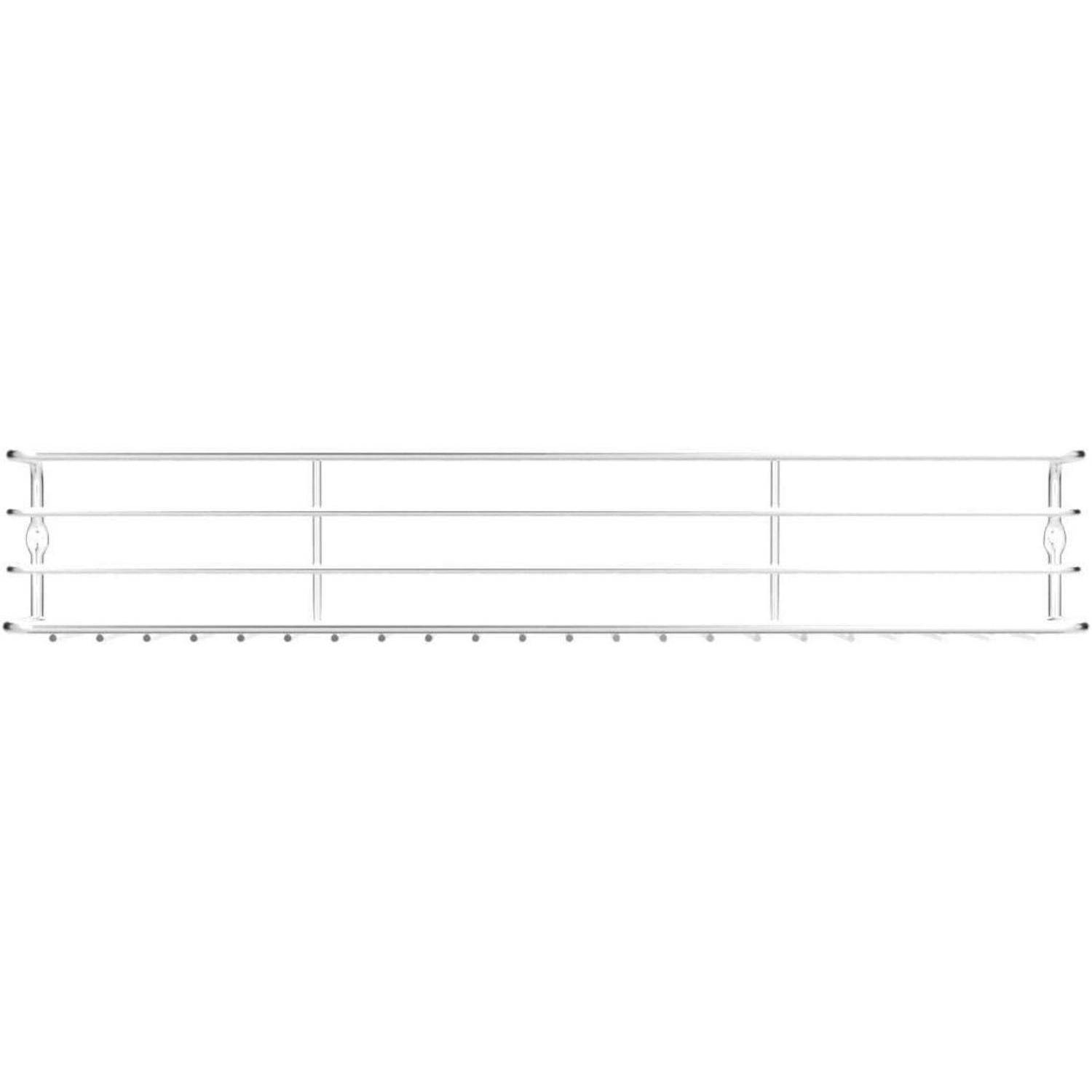 Ein schlankes, metallisches Küchenregal mit minimalistischem Design, ausgestattet mit einer horizontalen Schiene und mehreren Haken zum Aufhängen von Küchenutensilien.