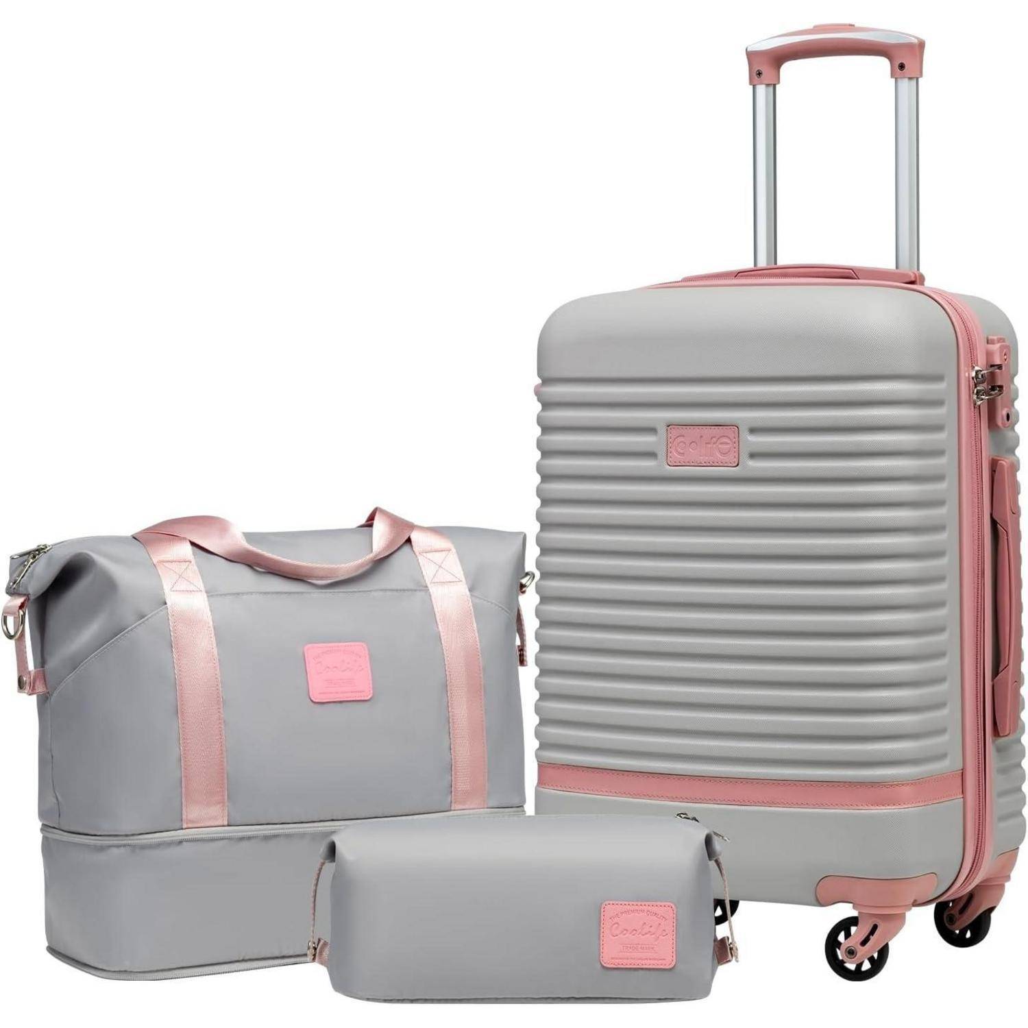 Koffer Trolley Set ABS Hartschalen Handgepäck 3tlg Grau/Rosa