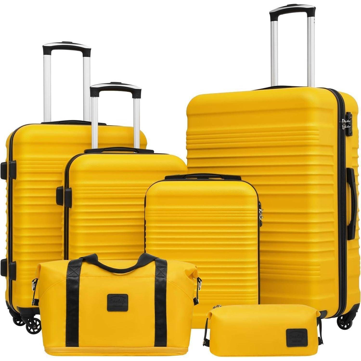 Koffer-Set ABS Hartschale 4 Rollen TSA-Schloss 6tlg in Gelb/Schwarz
