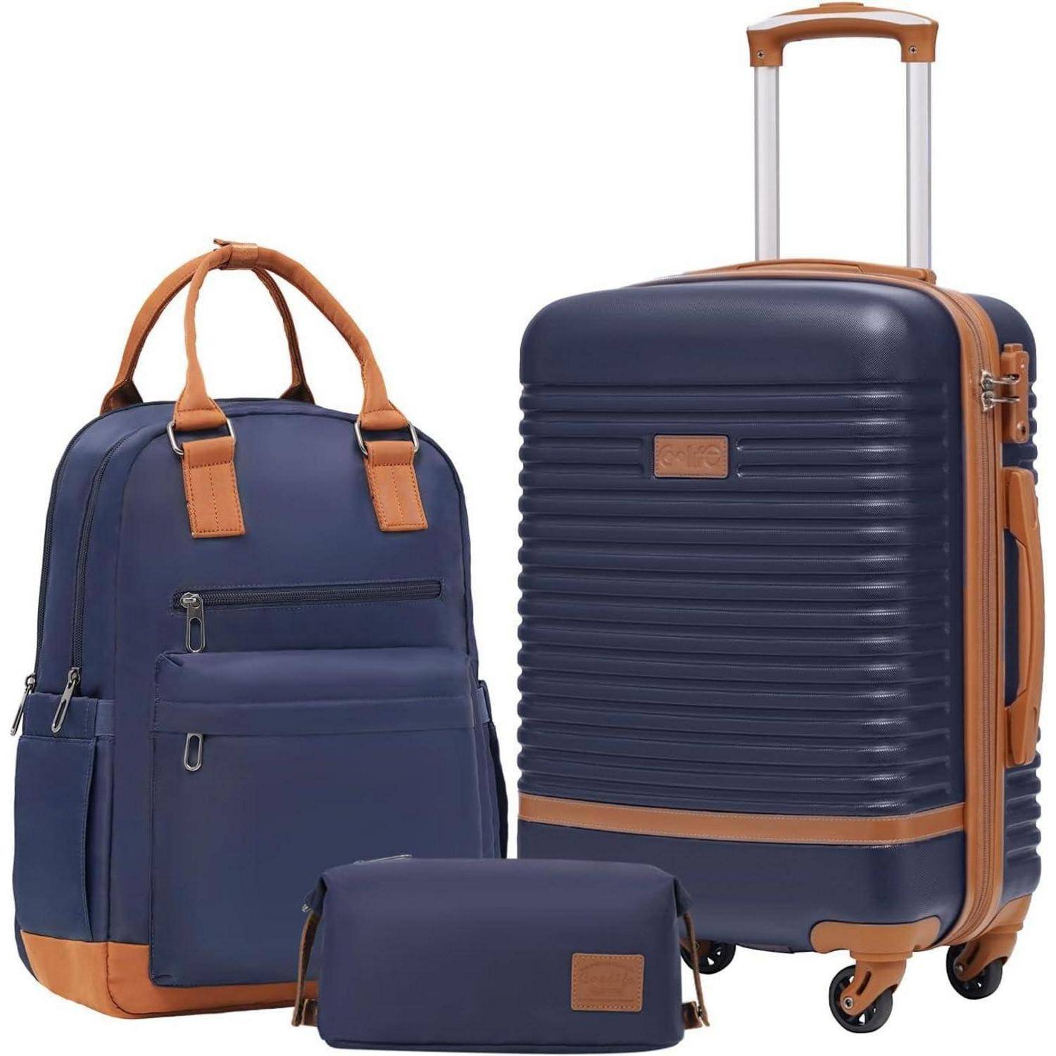 Hartschalen-Trolley Handgepäck-Set Blau/Braun 3tlg TSA-Schloss
