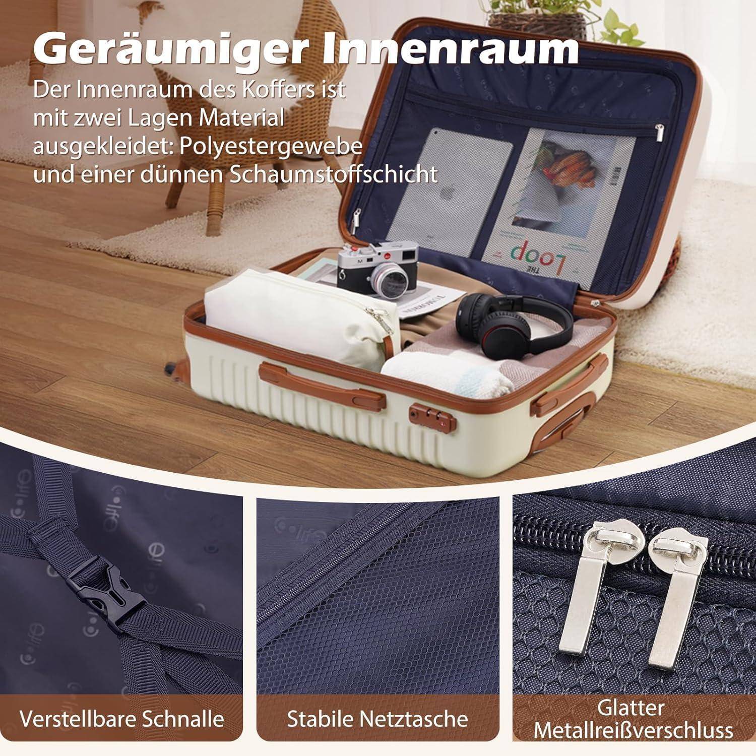 Ein offener Koffer, der eine organisierte Packweise mit Kleidung und einem Laptop zeigt. Der Text hebt den geräumigen Innenraum, den verstellbaren Gurt, das Netzgewebe und den glatten Reißverschluss hervor.