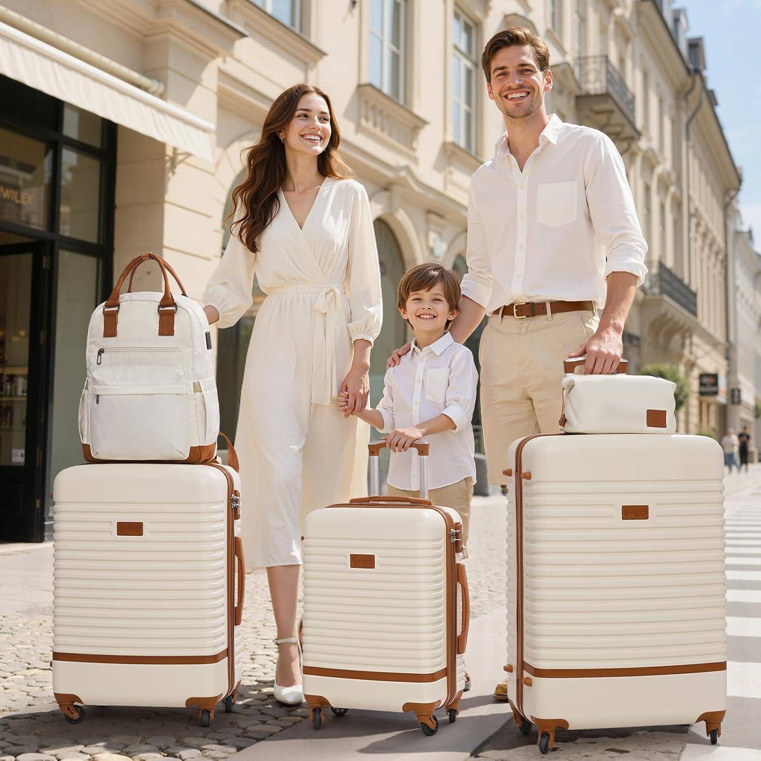 Koffer-Set 5tlg ABS Hartschale 4 Rollen TSA-Schloss Weiß/Braun