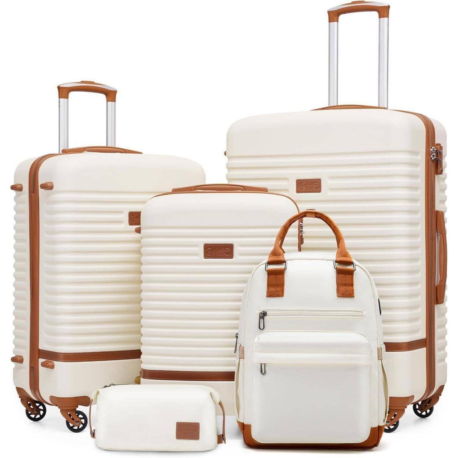 Koffer-Set 5tlg ABS Hartschale 4 Rollen TSA-Schloss Weiß/Braun