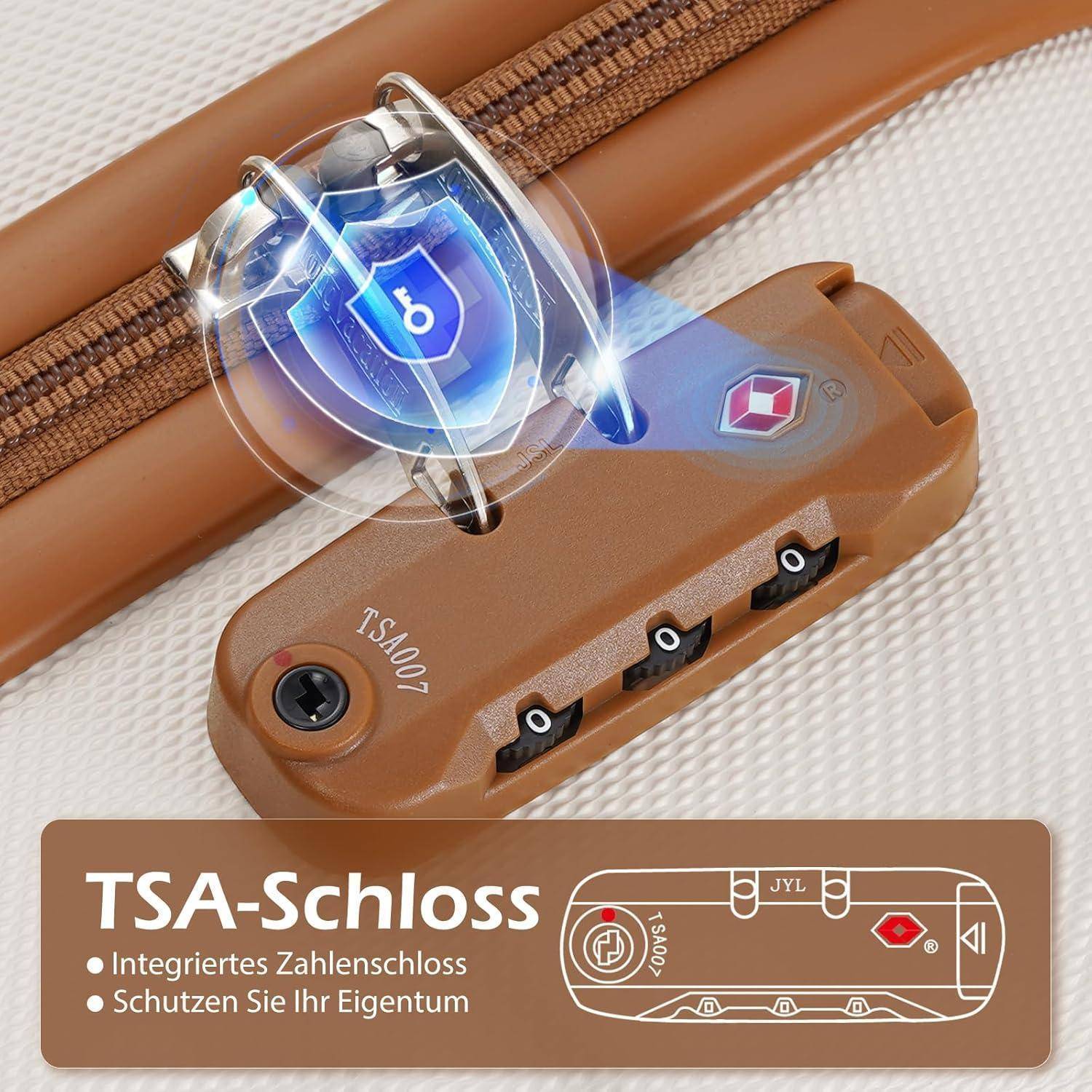 Brauner Koffer-Reißverschluss mit einem TSA-Schloss. Durchsichtige Schutzabdeckung mit einem blauen digitalen Schlosssymbol darüber. Text: 'TSA-Schloss', Übersetzung: 'Integriertes Kombinationsschloss - Schützen Sie Ihr Eigentum'.