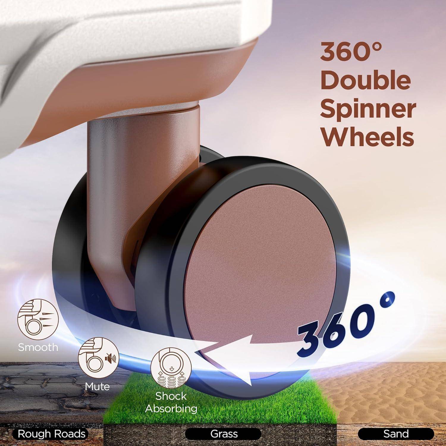 Gepäckrad auf einer rauen Straßenoberfläche mit dem Text '360° Doppel-Spinnerräder'. Icons zeigen Eigenschaften: glatt, leise, stoßdämpfend.