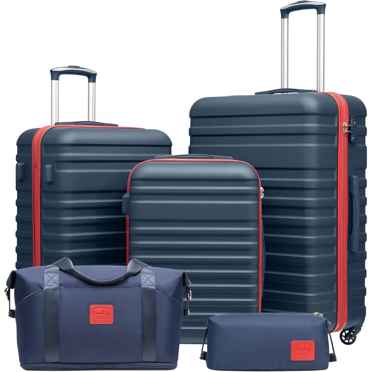 Koffer Set 5tlg Hartschalen Trolley ABS 4 Rollen TSA-Schloss Blau/Rot