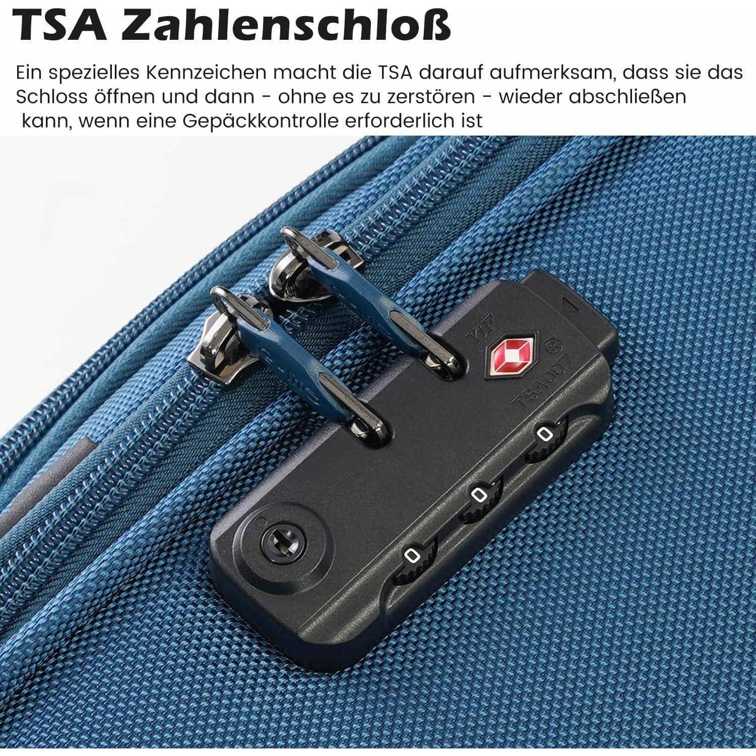 Die 'TSA Zahlenschloss'-Darstellung zeigt einen blauen Koffer mit einem von der TSA zugelassenen Kombinationsschloss, das dem Personal ermöglicht, den Koffer zur Inspektion zu öffnen, ohne ihn zu beschädigen.