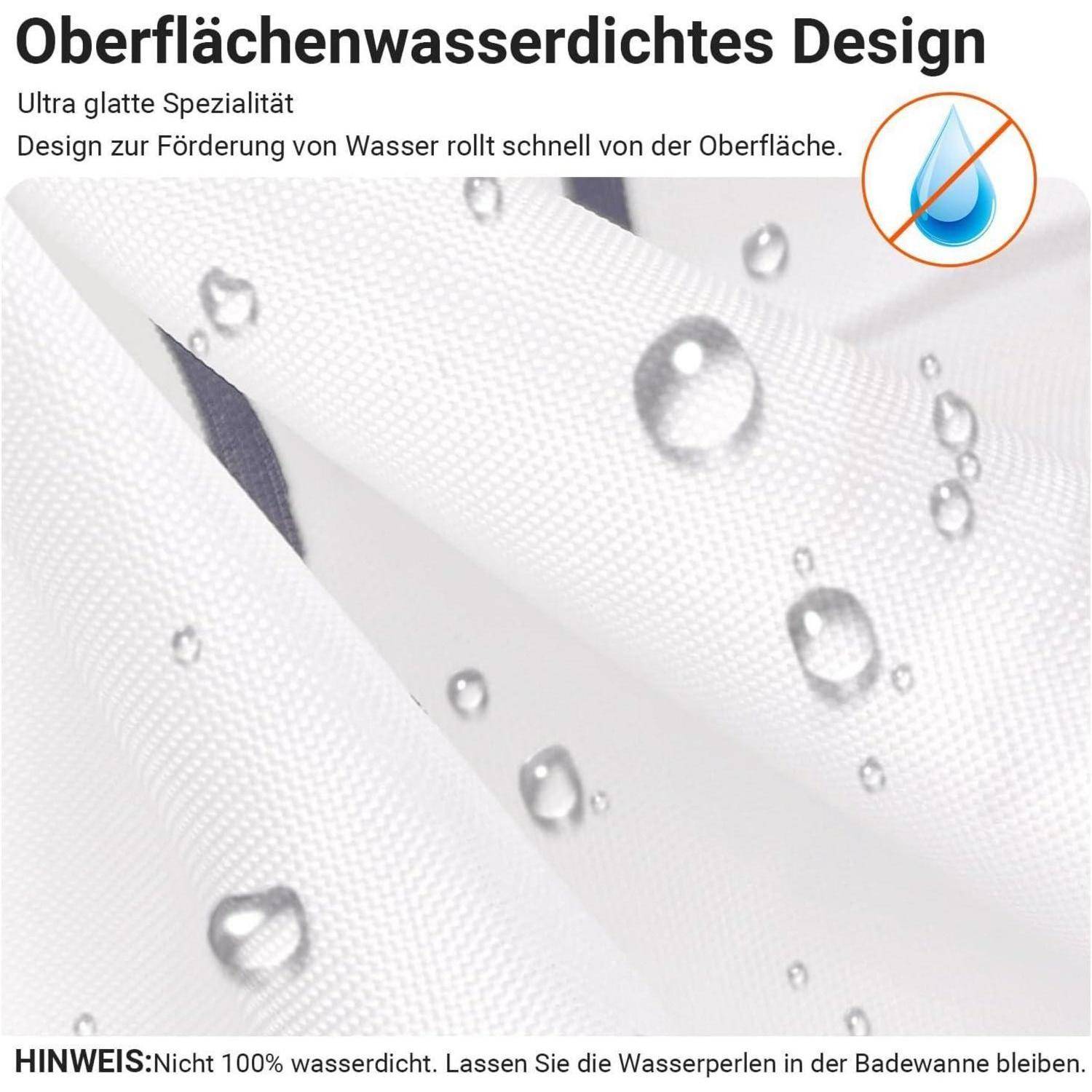Das Bild zeigt Text mit einer Nahaufnahme von Wassertropfen auf einem Stoff, was ein wasserabweisendes Design veranschaulicht. Eine Notiz rät von vollständiger Wasserundurchlässigkeit ab.