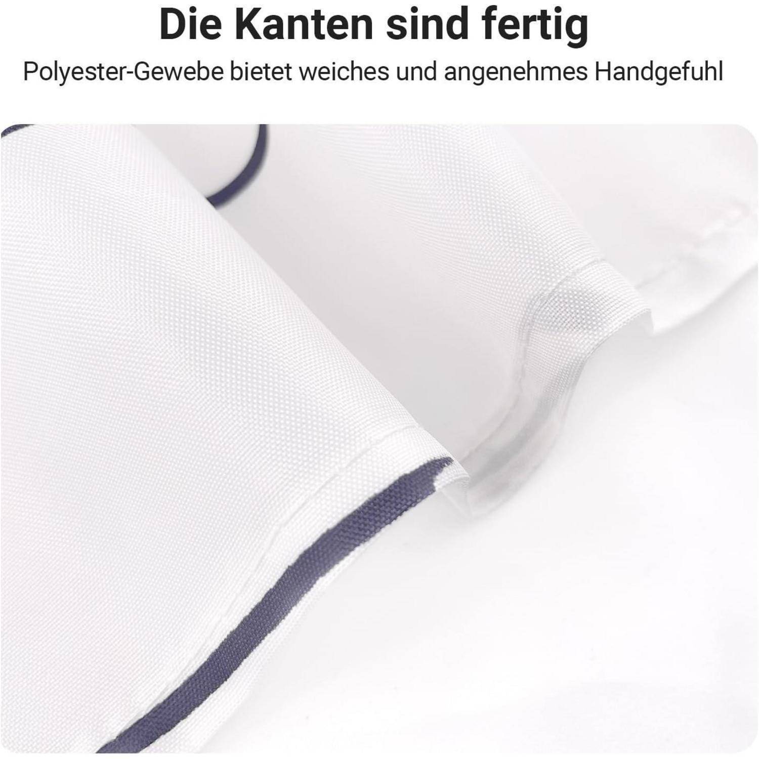 Eine Nahaufnahme von weißem Stoff mit fertigen Kanten und einem dunklen Rand. Deutscher Text darüber liest sich: „Die Kanten sind fertig