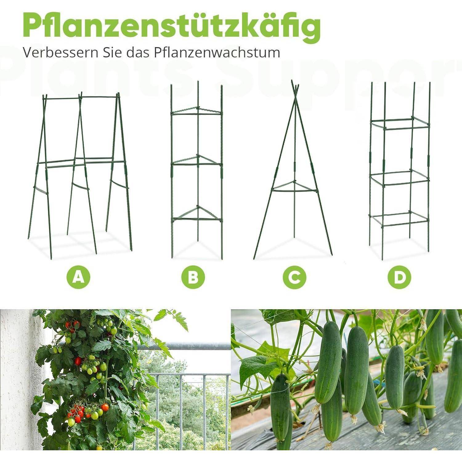 Das Bild zeigt vier verschiedene Designs für Pflanzenstützkäfige, die von A bis D beschriftet sind. Darunter befinden sich Bilder von Tomaten- und Gurkenpflanzen, die diese Käfige zur Abstützung nutzen.