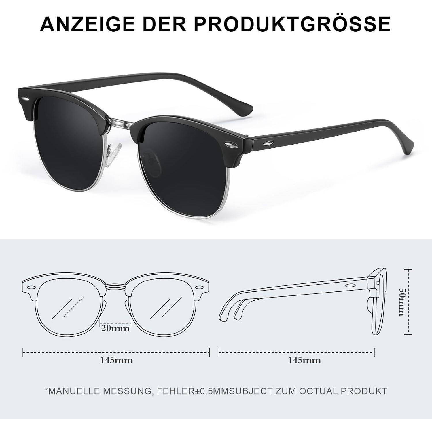 Anzeige der Produktgröße' über einer Sonnenbrille. Zeichnungen zeigen Maße: 145mm Breite, 20mm Nasenbereich, 51mm Höhe.
