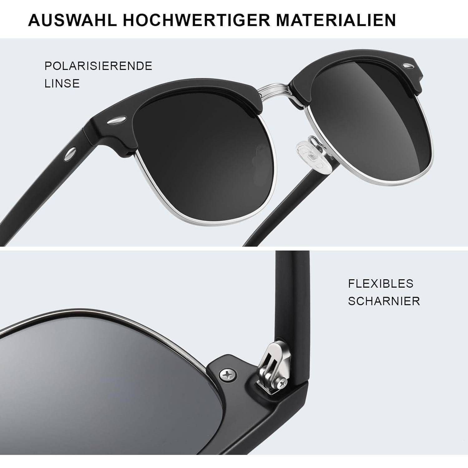 Sonnenbrille mit polarisierten Gläsern und flexiblen Scharnieren, betitelt 'Auswahl hochwertiger Materialien