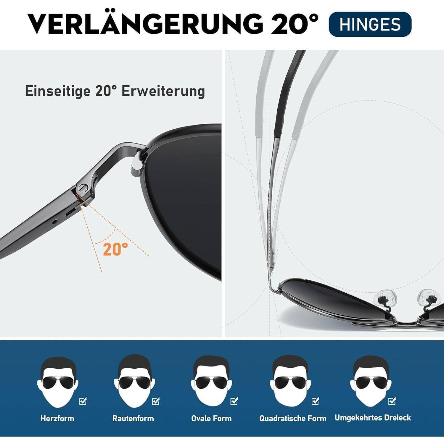 Brillen mit 20° Scharniererweiterung für eine einseitige Erweiterung. Darstellungen zeigen Kompatibilität mit verschiedenen Gesichtsformen: Herzform, Rautenform, Ovale Form, Quadratische Form, Umgekehrtes Dreieck.