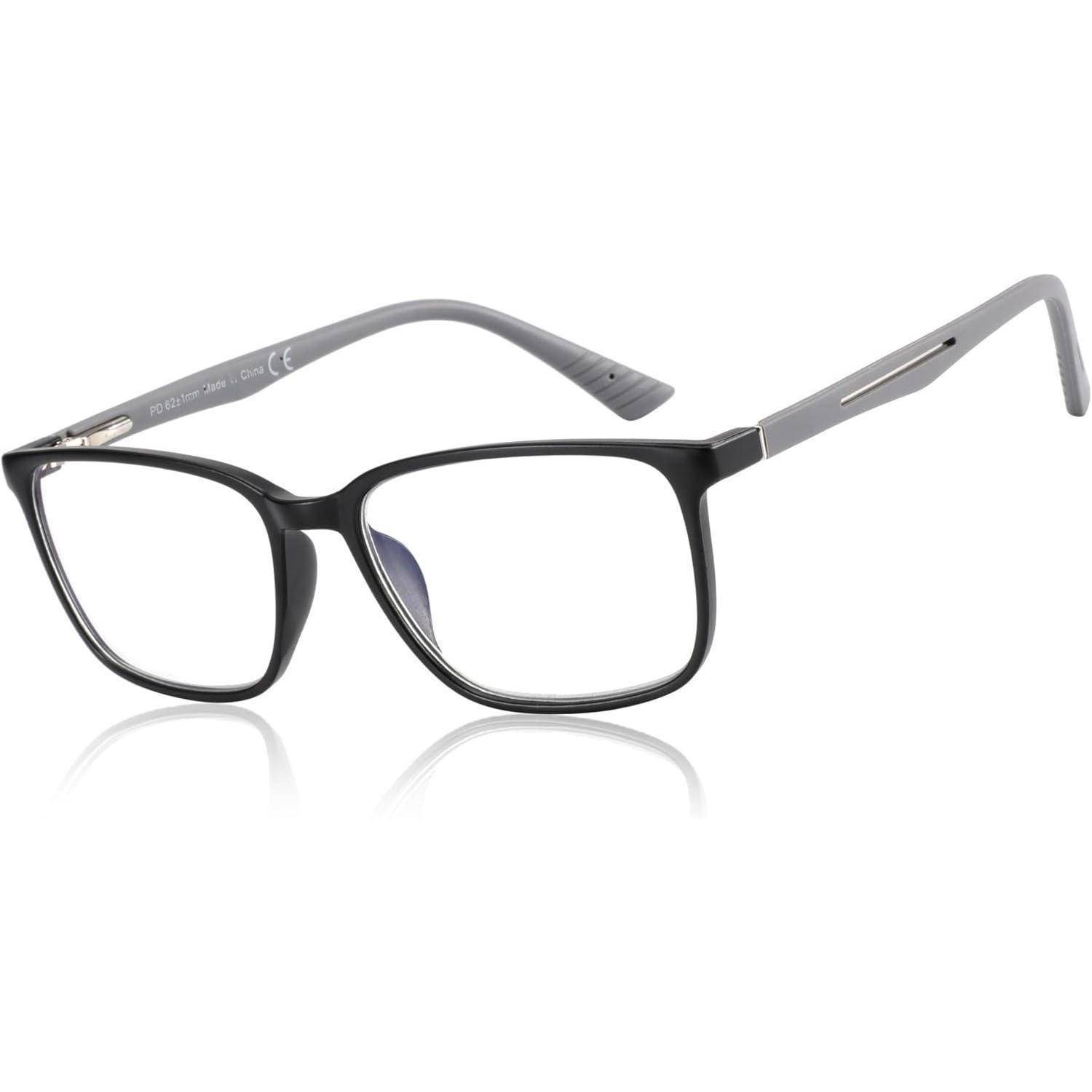 Schwarze rechteckige Brille mit einem dünnen grauen Rahmen auf weißem Hintergrund. Das Design ist schlicht und modern, geeignet für den alltäglichen Gebrauch.