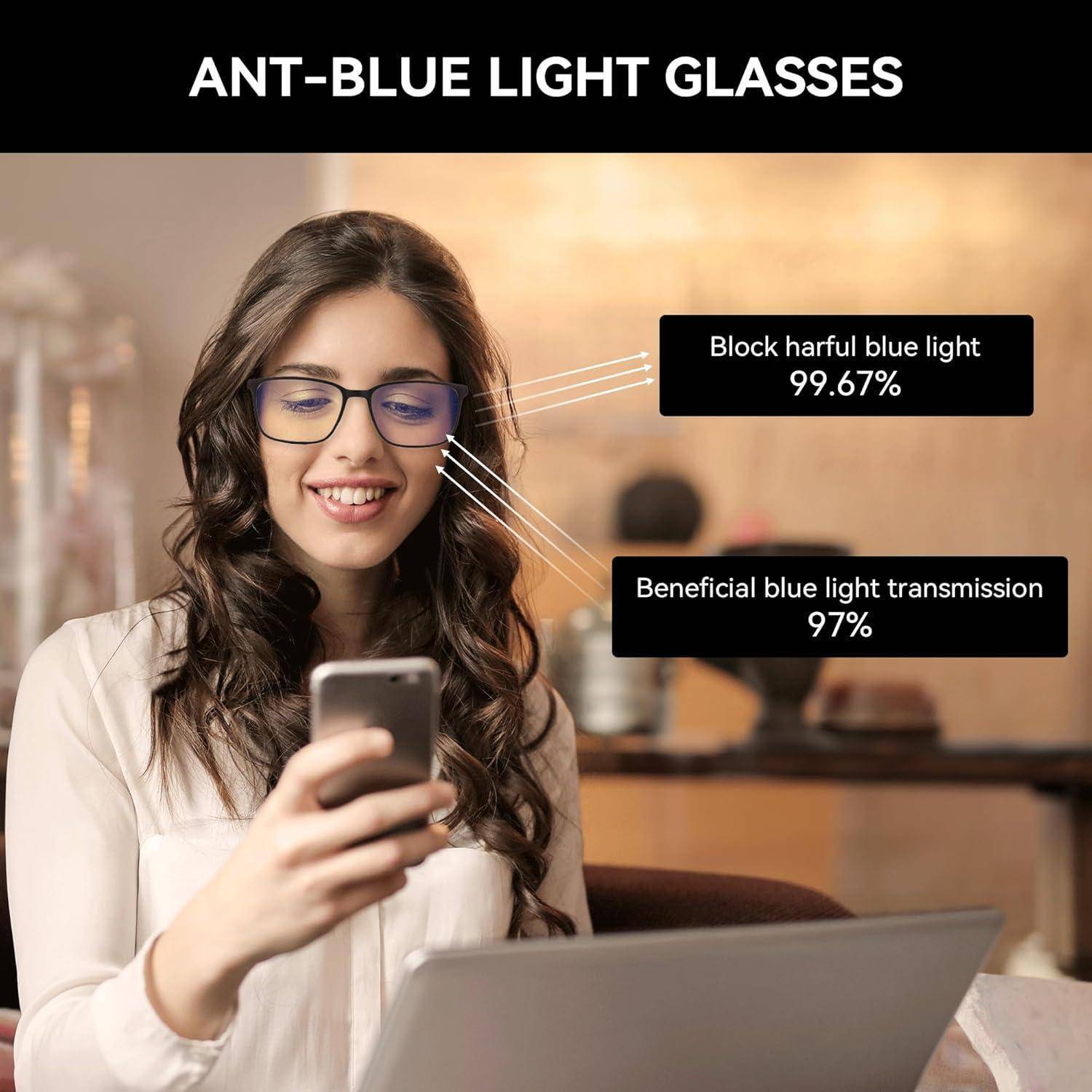 Eine Frau mit Blaulichtschutzbrille schaut auf ihr Handy. Der Text hebt hervor, dass die Brille 99,67% des schädlichen Blaulichts blockiert und gleichzeitig 97% des nützlichen Lichts durchlässt.