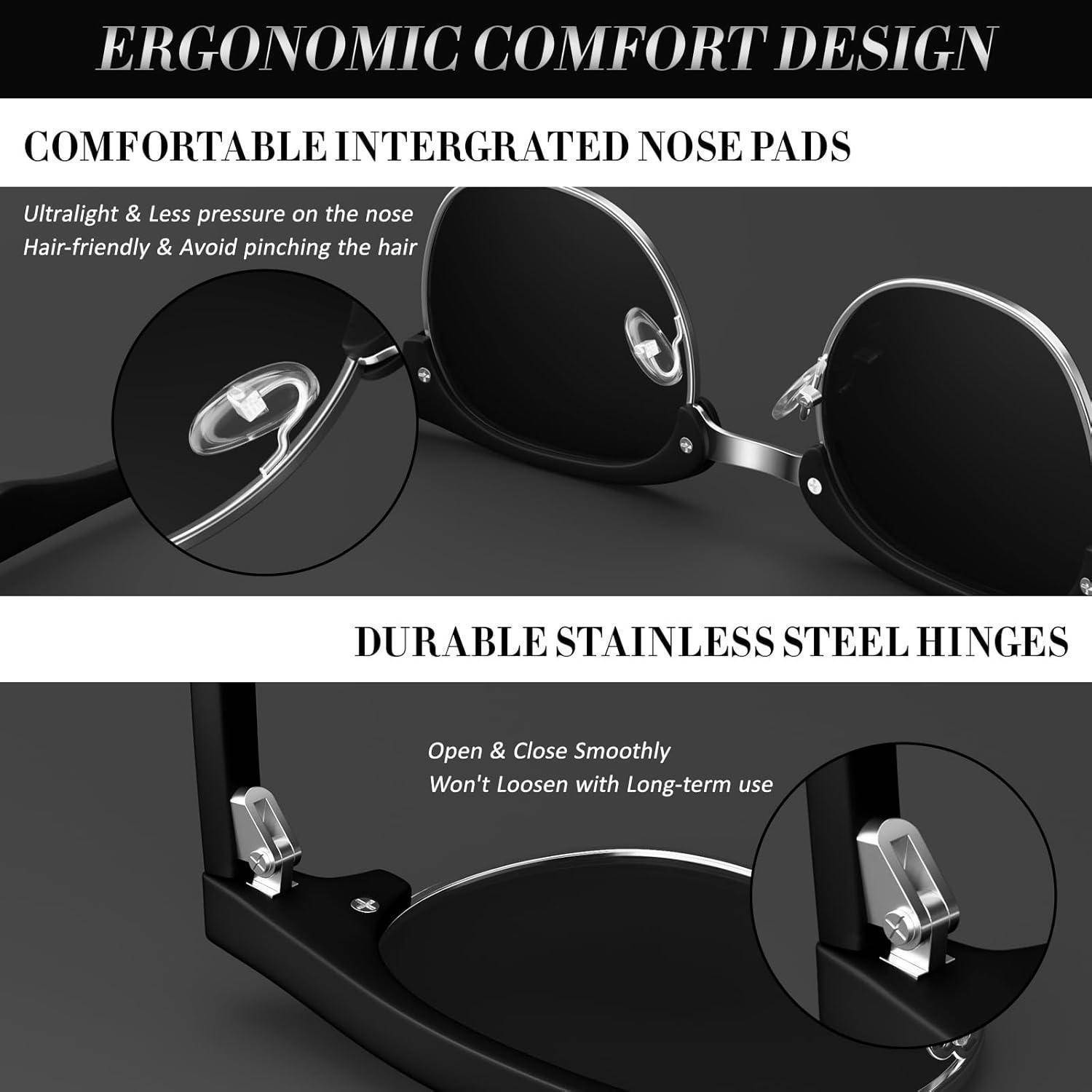Sonnenbrille mit ergonomischem Design, ausgestattet mit integrierten Nasenpolstern für Komfort und robusten Scharnieren aus Edelstahl für langfristige Nutzung.