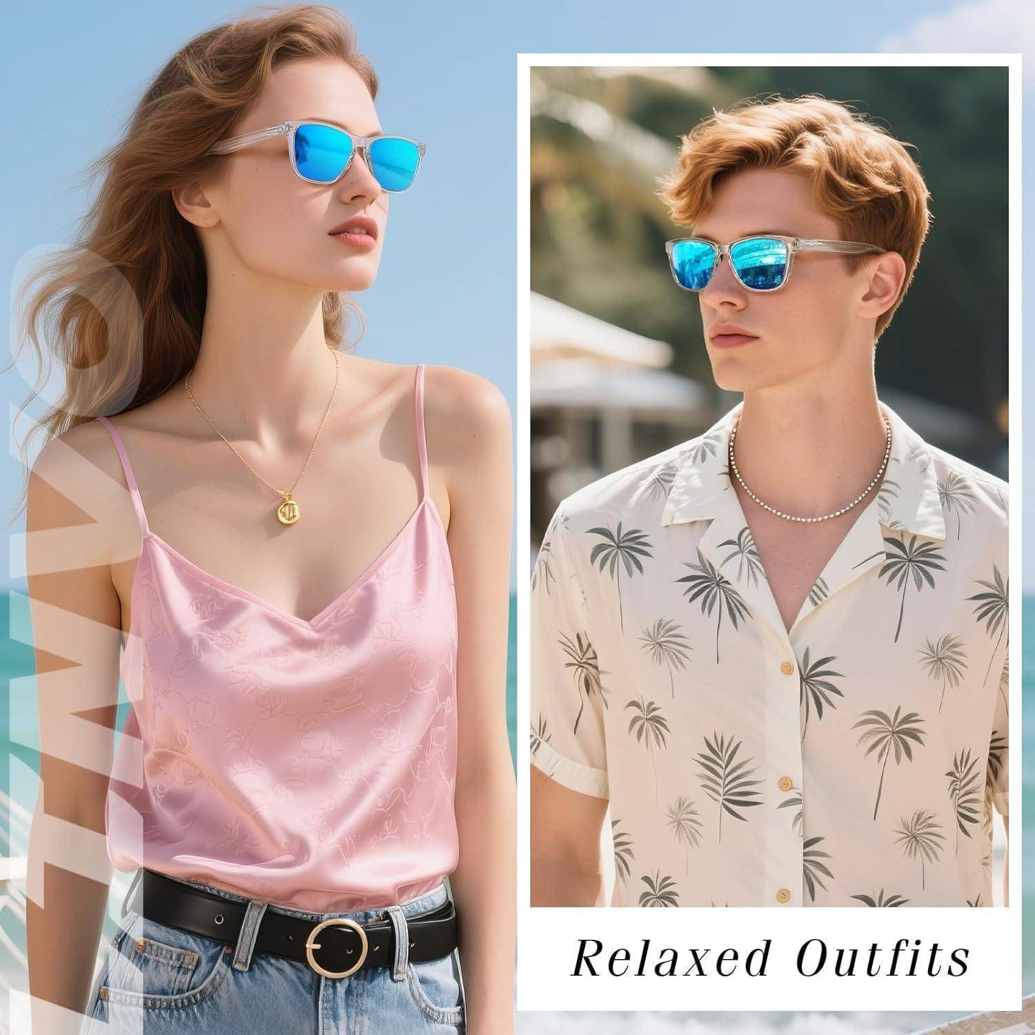Zwei Personen mit Sonnenbrillen und Sommerkleidung. Links: Frau in rosa Top. Rechts: Mann in gemustertem Hemd. Text lautet 'Lässige Outfits'.