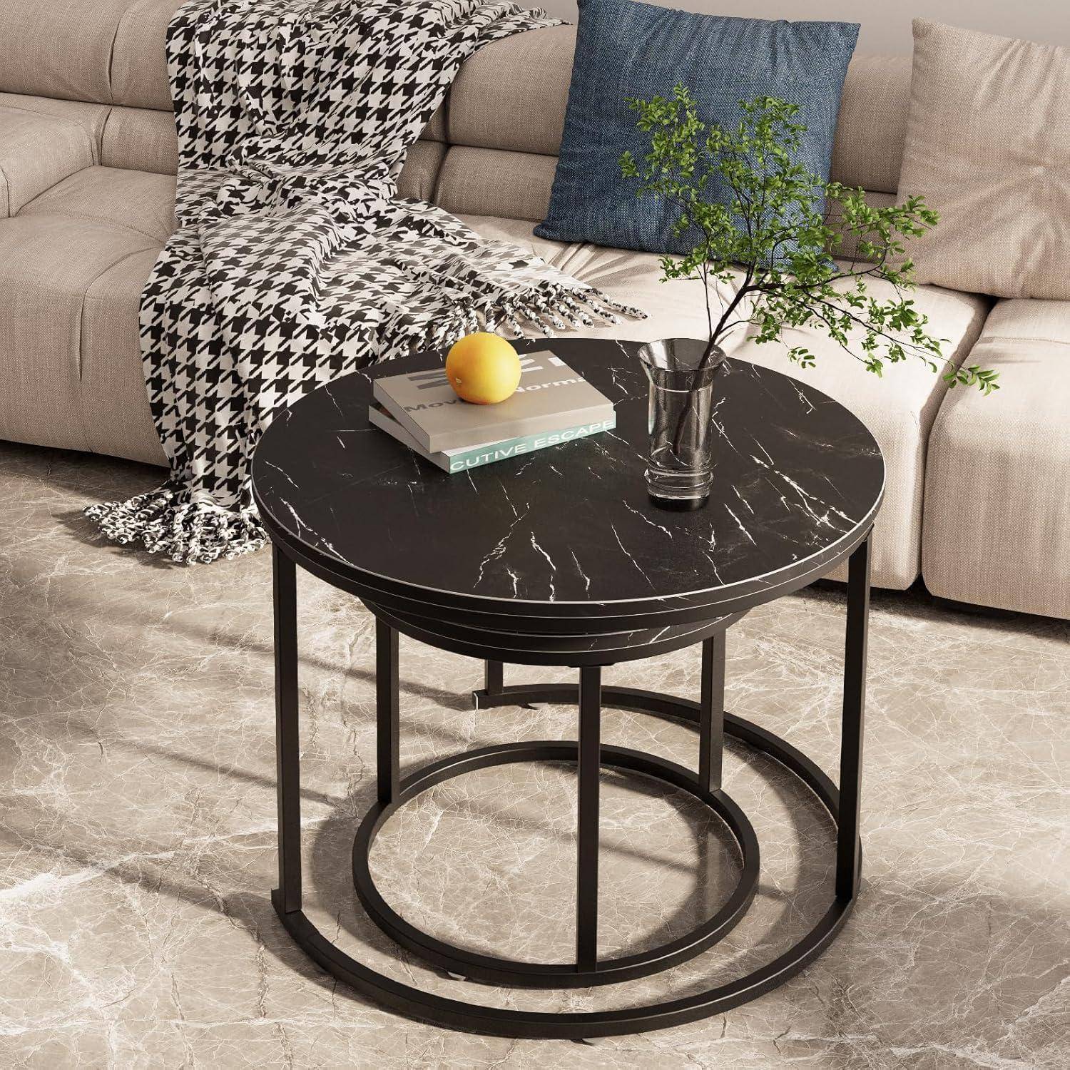 Couchtisch Set Rund Schwarz Metallgestell Marmor Tischplatte