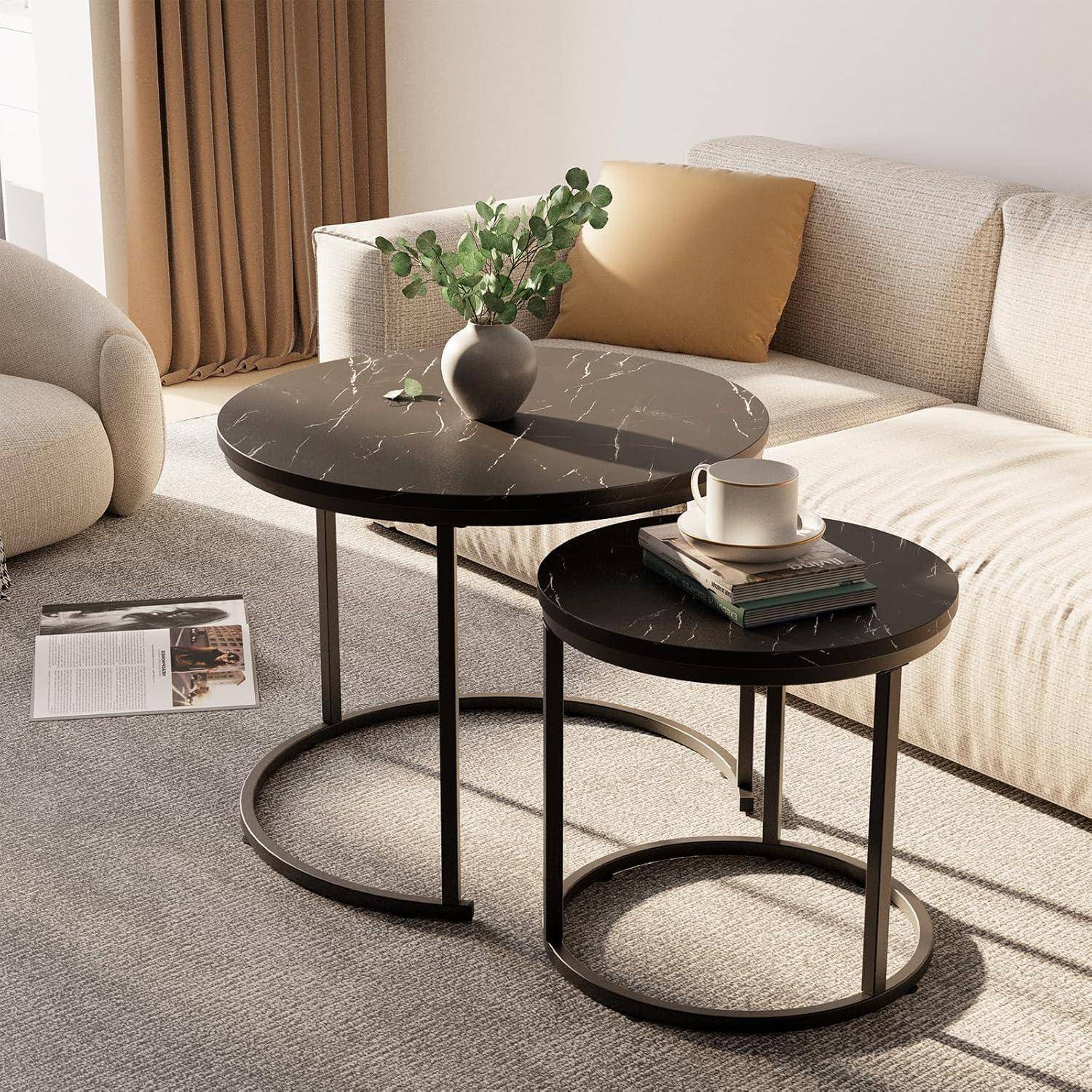 Couchtisch Set Rund Schwarz Metallgestell Marmor Tischplatte