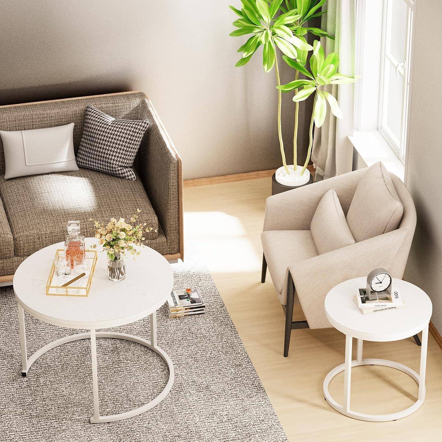 Runder Couchtisch Set Holz Weiß Metallgestell 2er Wohnzimmer