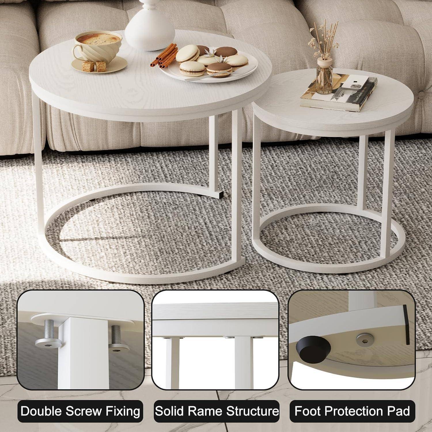 Runder Couchtisch Set Holz Weiß Metallgestell 2er Wohnzimmer