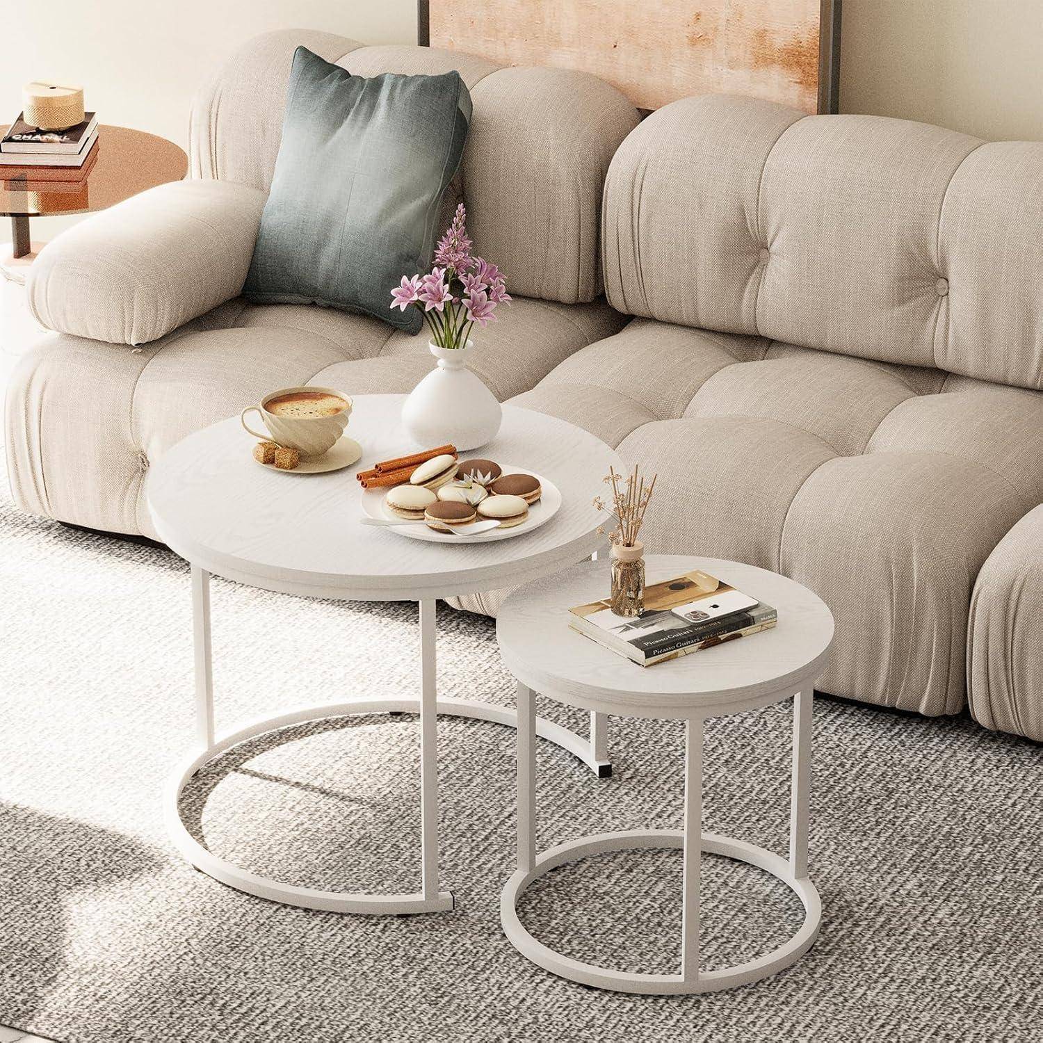 Runder Couchtisch Set Holz Weiß Metallgestell 2er Wohnzimmer