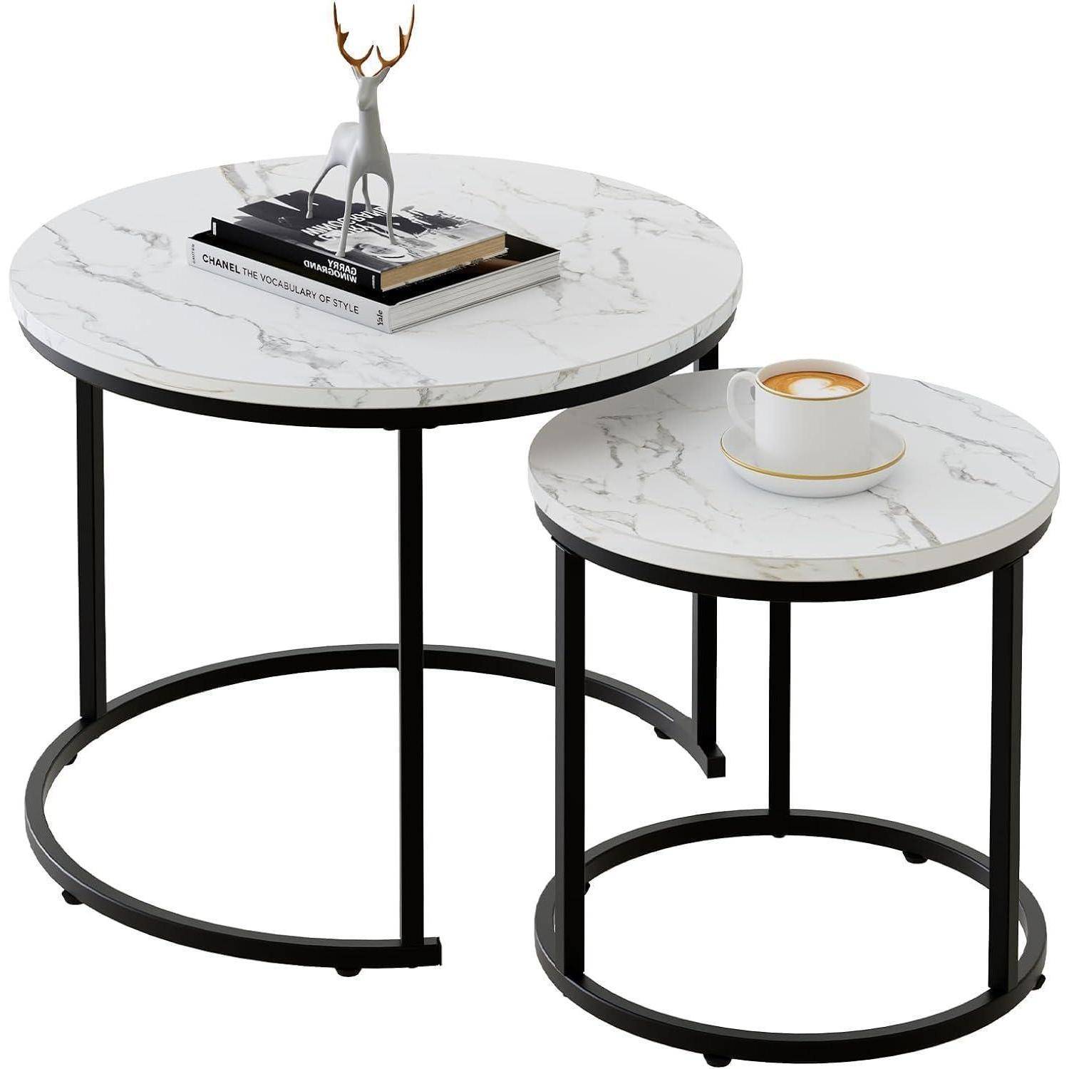 Runder Couchtisch 2er Set Holz Schwarz Metallgestell Marmorplatte