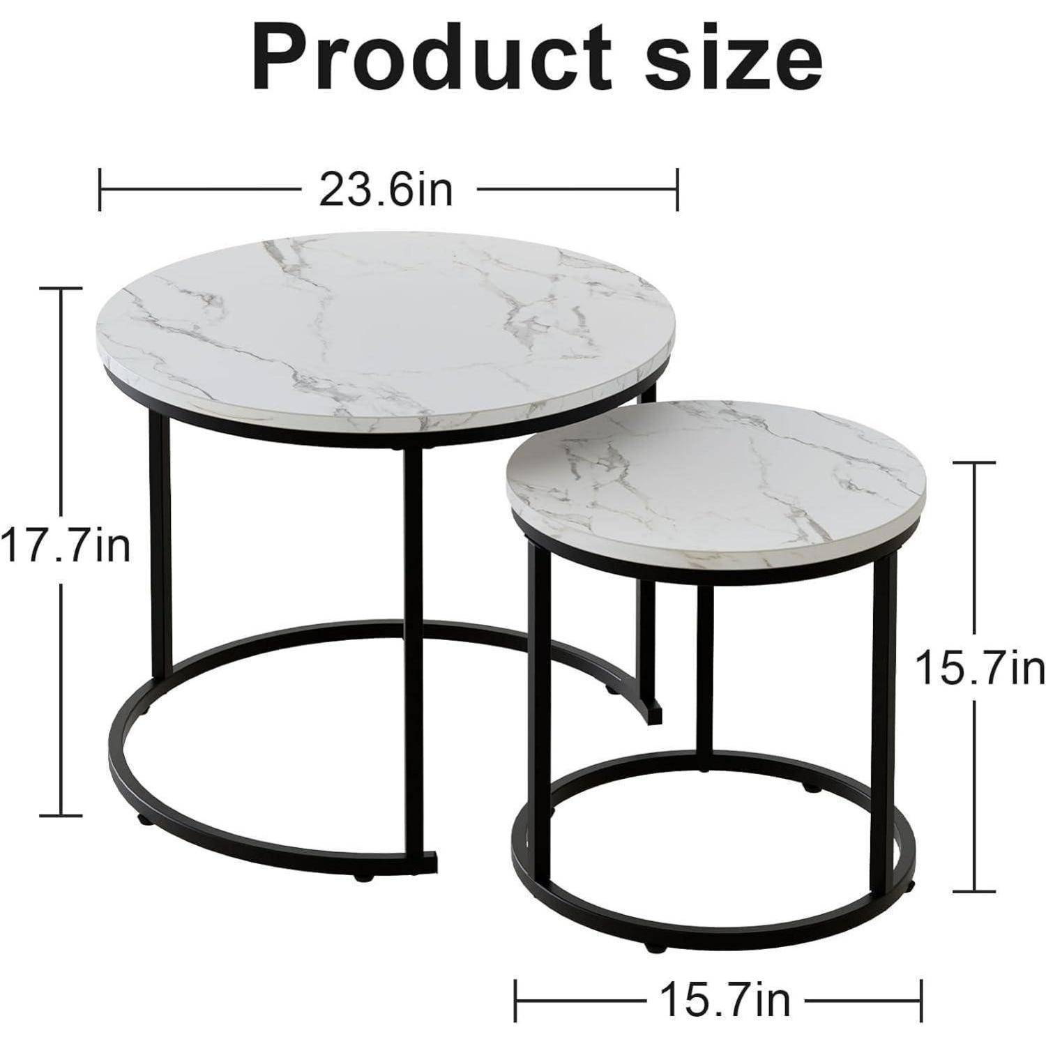 Runder Couchtisch 2er Set Holz Schwarz Metallgestell Marmorplatte