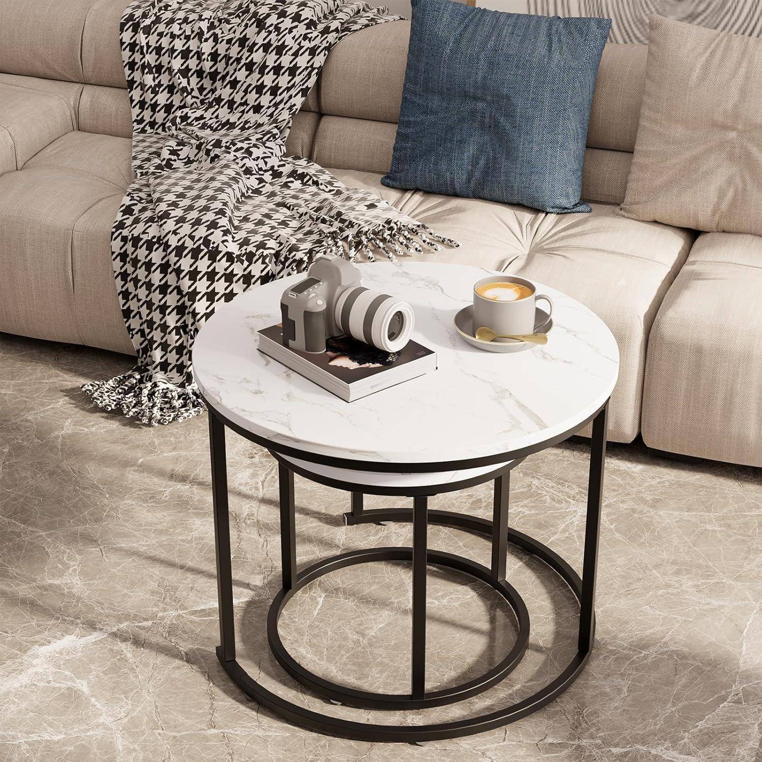 Runder Couchtisch 2er Set Holz Schwarz Metallgestell Marmorplatte